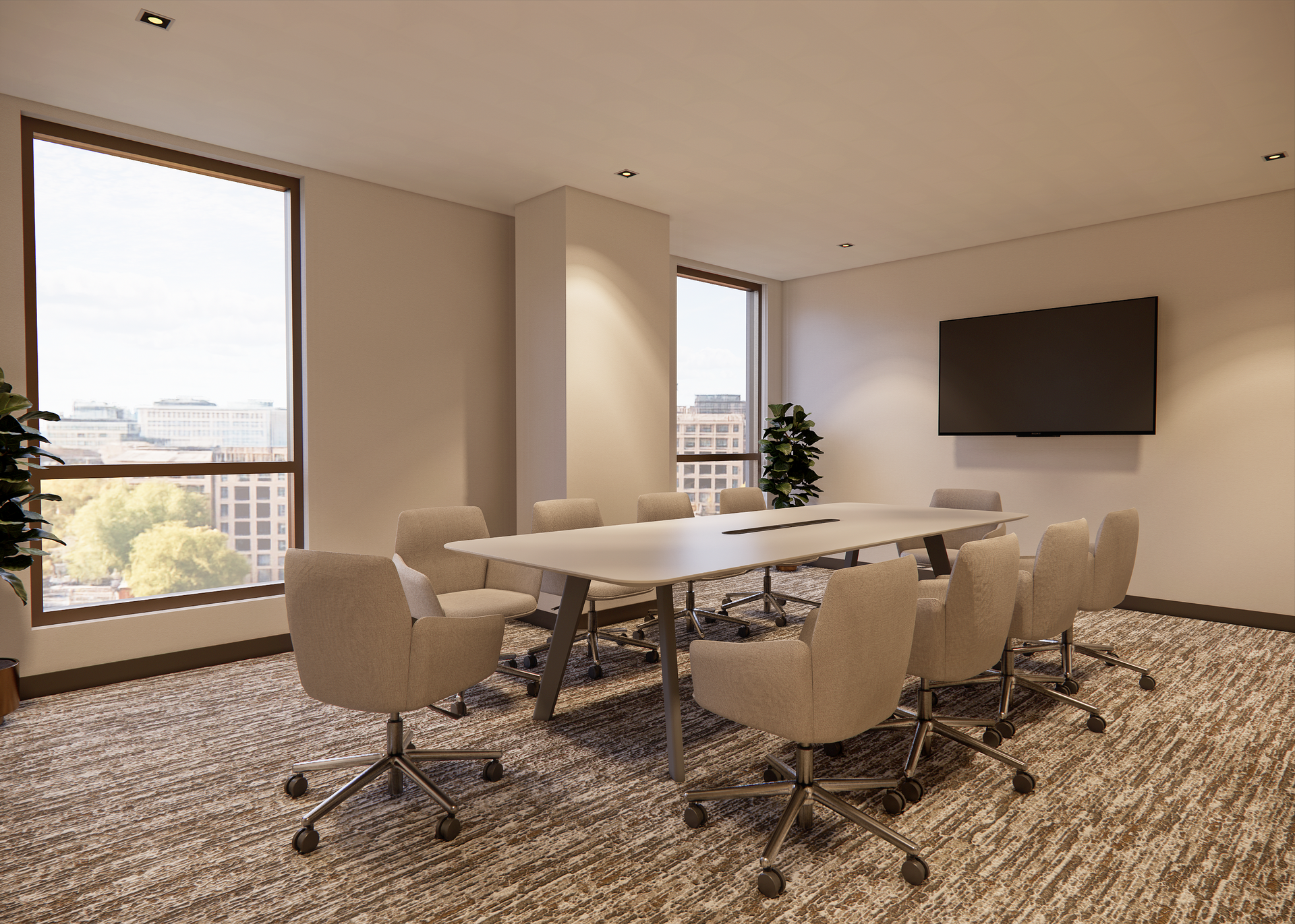 Outdoor lounge area with pergolas, couches, and pool in front of a building.