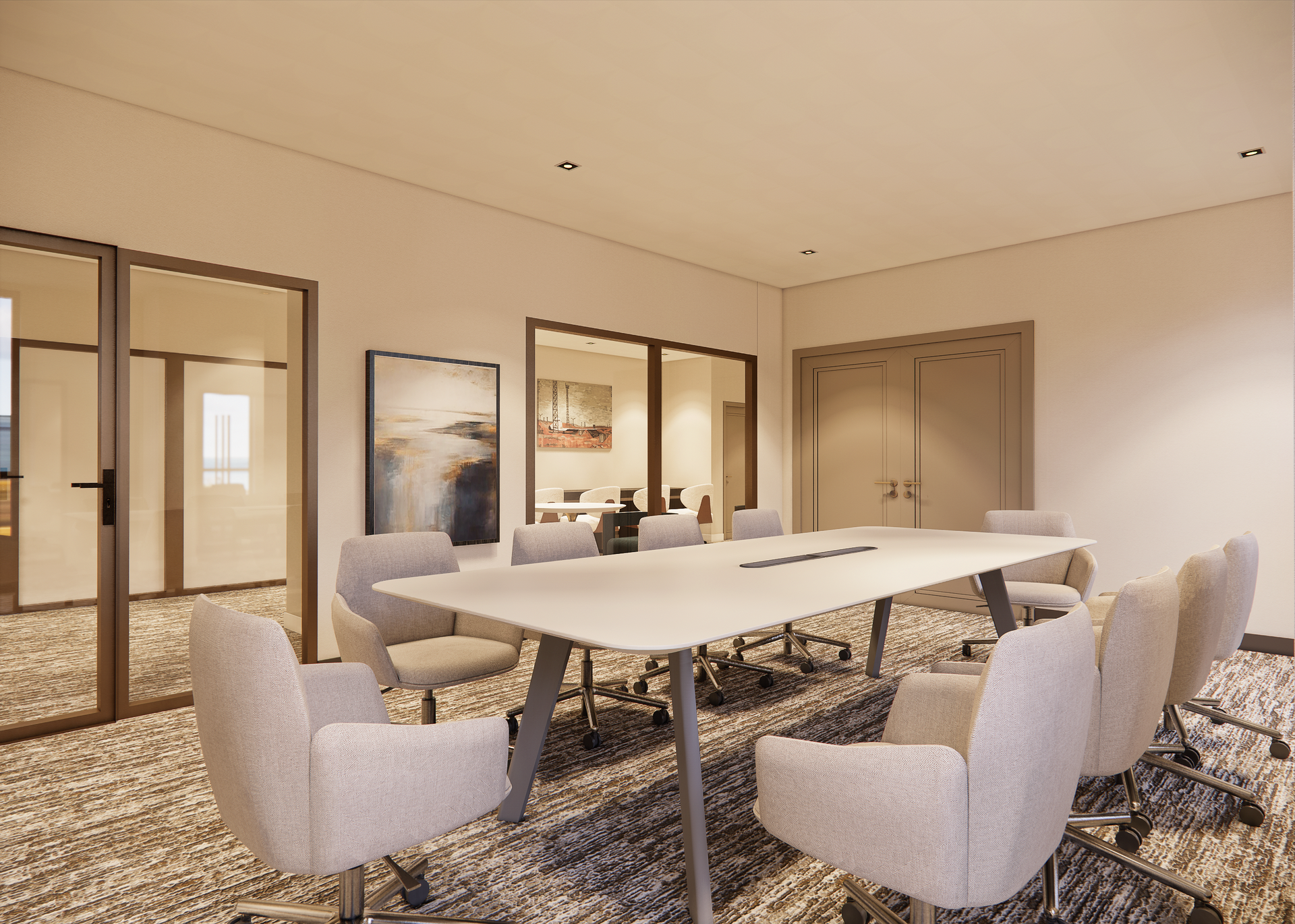 A modern boardroom with a long table and chairs; a painting and doorway visible.