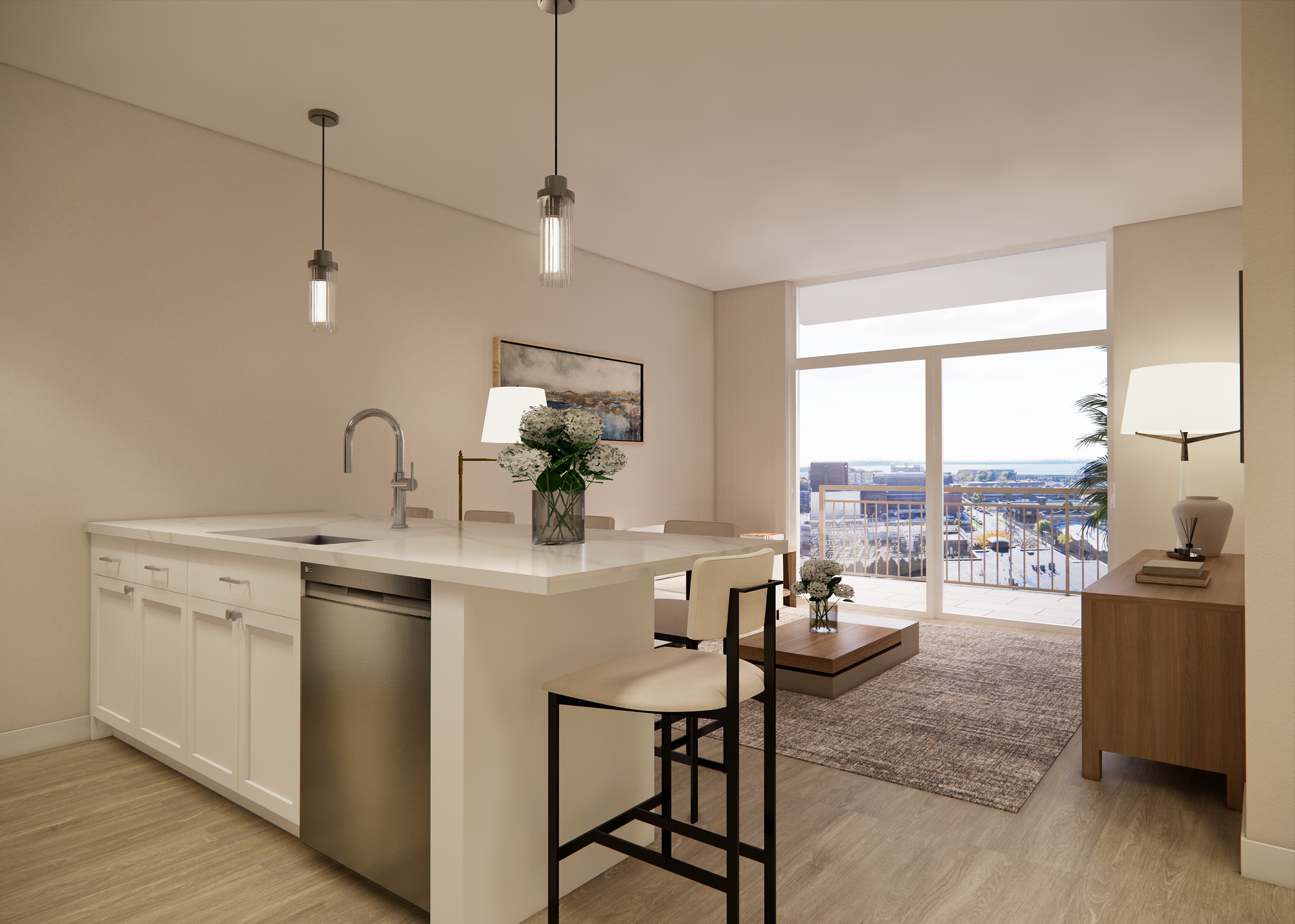 Modern kitchen and living area with a city view. White cabinetry, stainless steel appliances, and wood flooring.