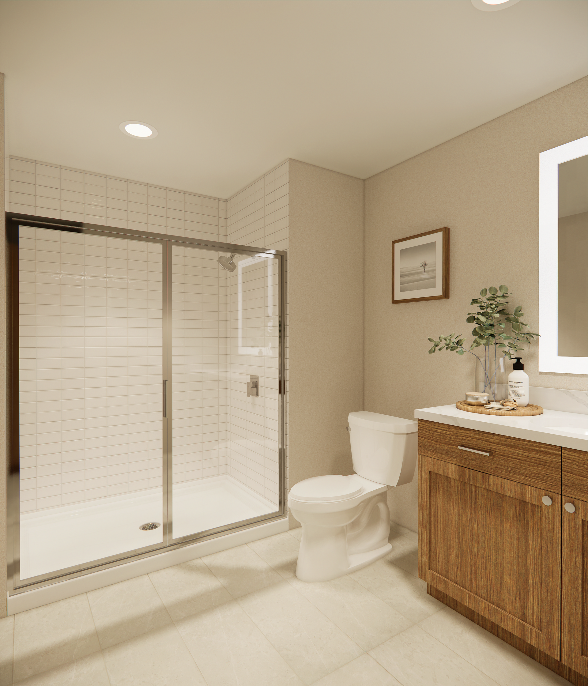 Bathroom with a shower, toilet, and wooden vanity. Neutral colors and a modern design.