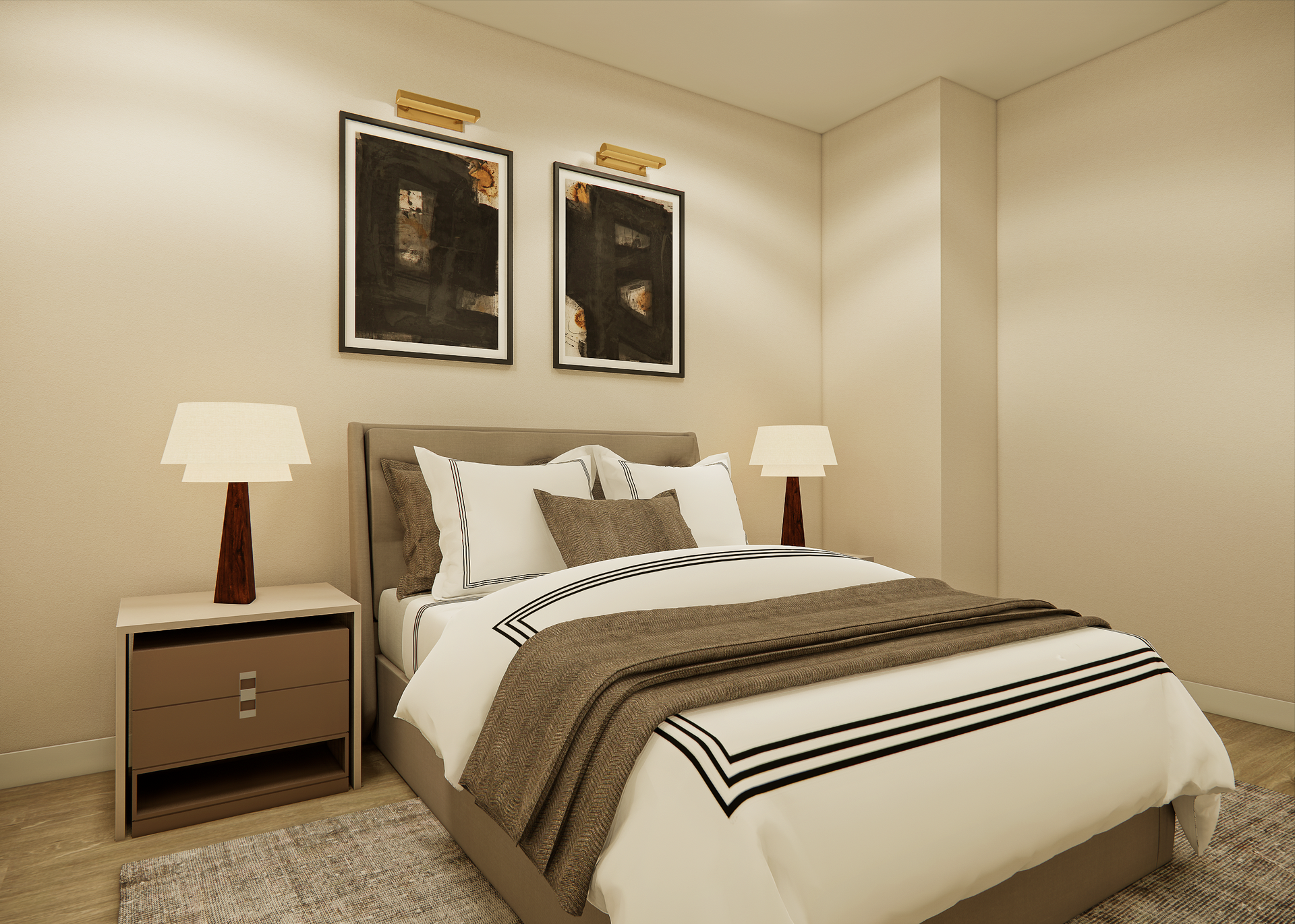 Bedroom with a bed, nightstands, lamps, and artwork; neutral tones.