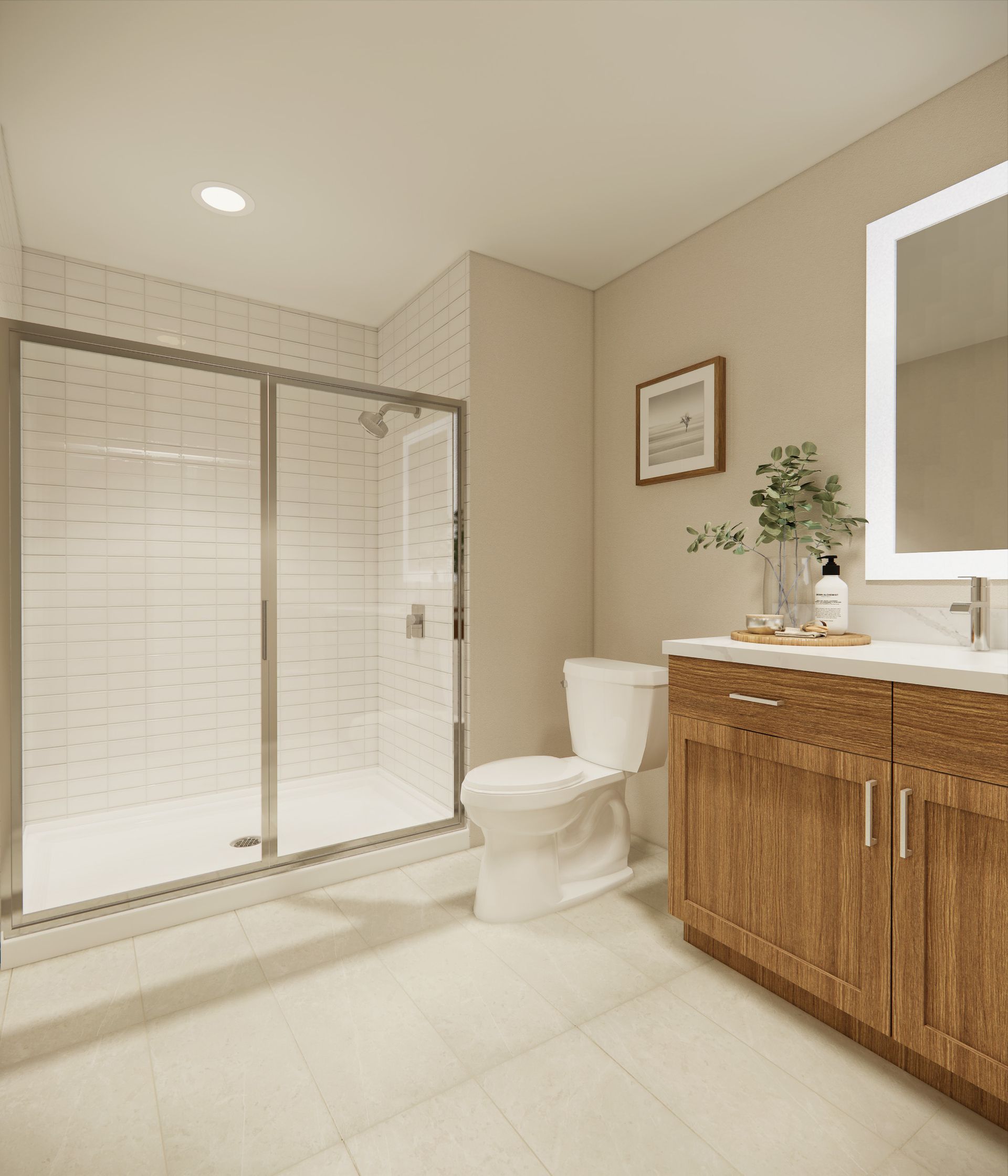Modern bathroom with a glass-enclosed shower, a white toilet, and a light wood vanity with a white countertop and mirror.