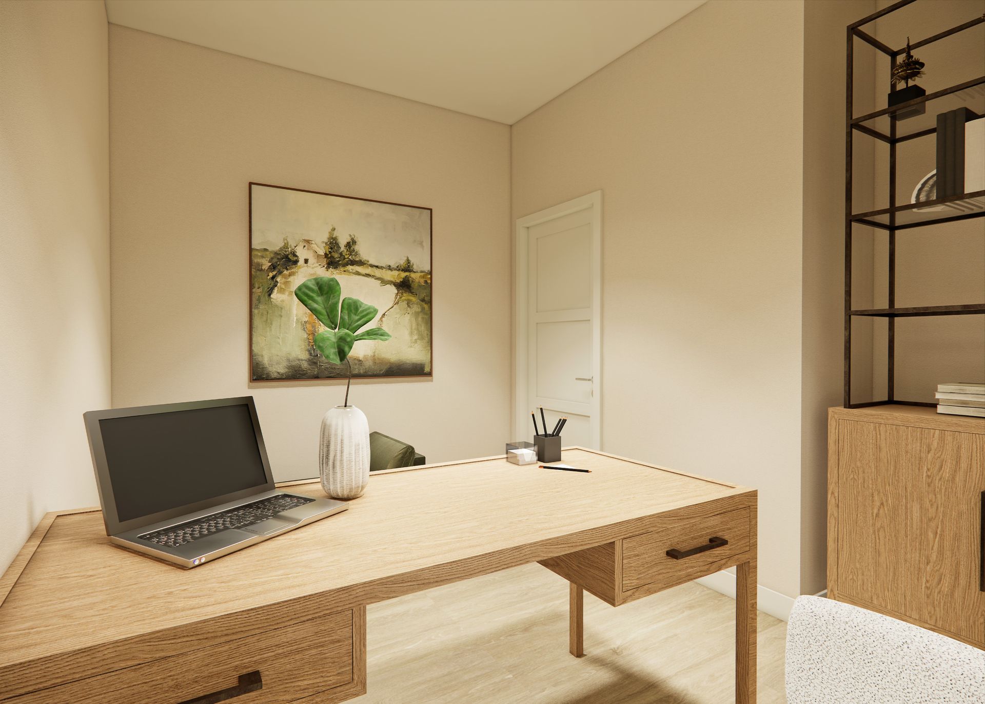 A modern home office with a light-wood desk, laptop, decorative vase, wall art, and a tall metal shelving unit.