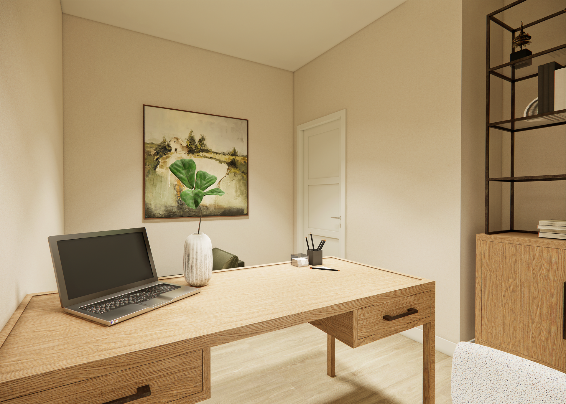 Office with desk, laptop, artwork, and storage. Neutral tones with wooden accents create a calm workspace.
