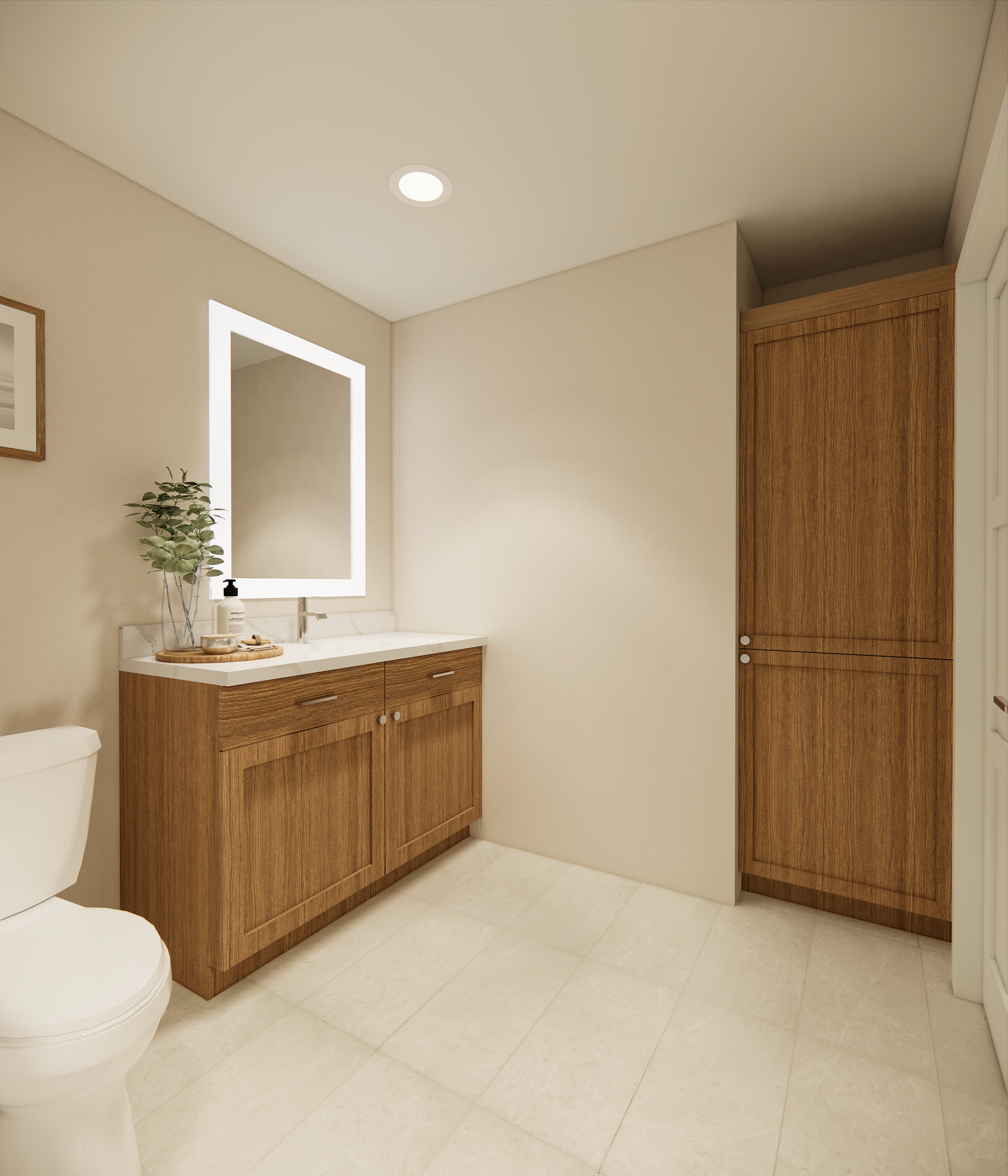 Bathroom with a wooden vanity, cabinet, toilet, and a large mirror with a light.