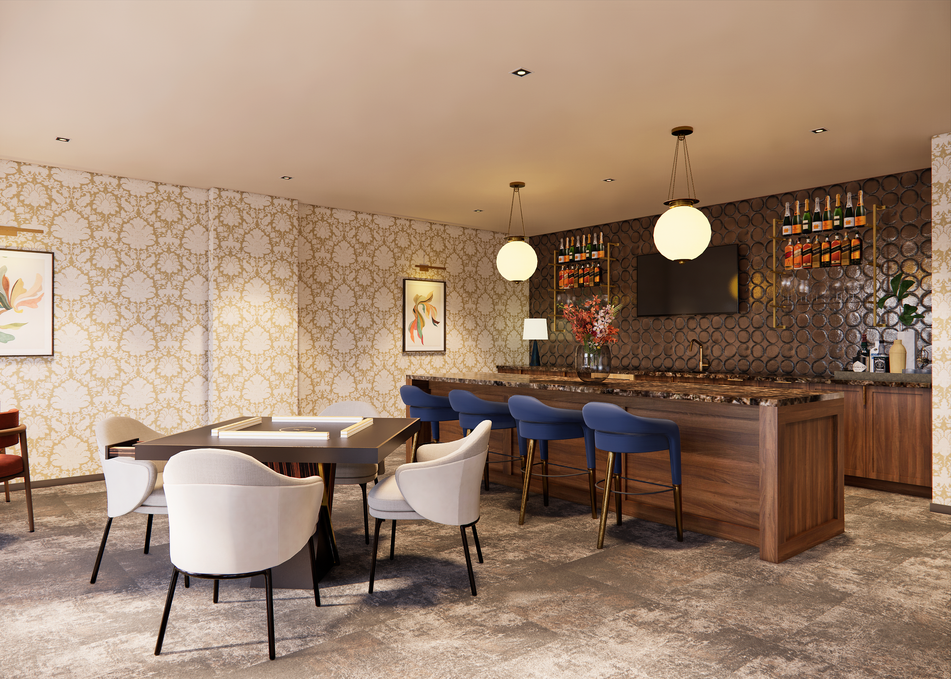 Bar area with seating, patterned wallpaper, and hanging globe lights.