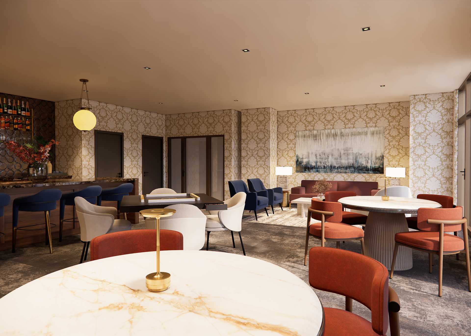 Lounge area with round tables, chairs, bar stools, and a bar. Walls have patterned wallpaper.