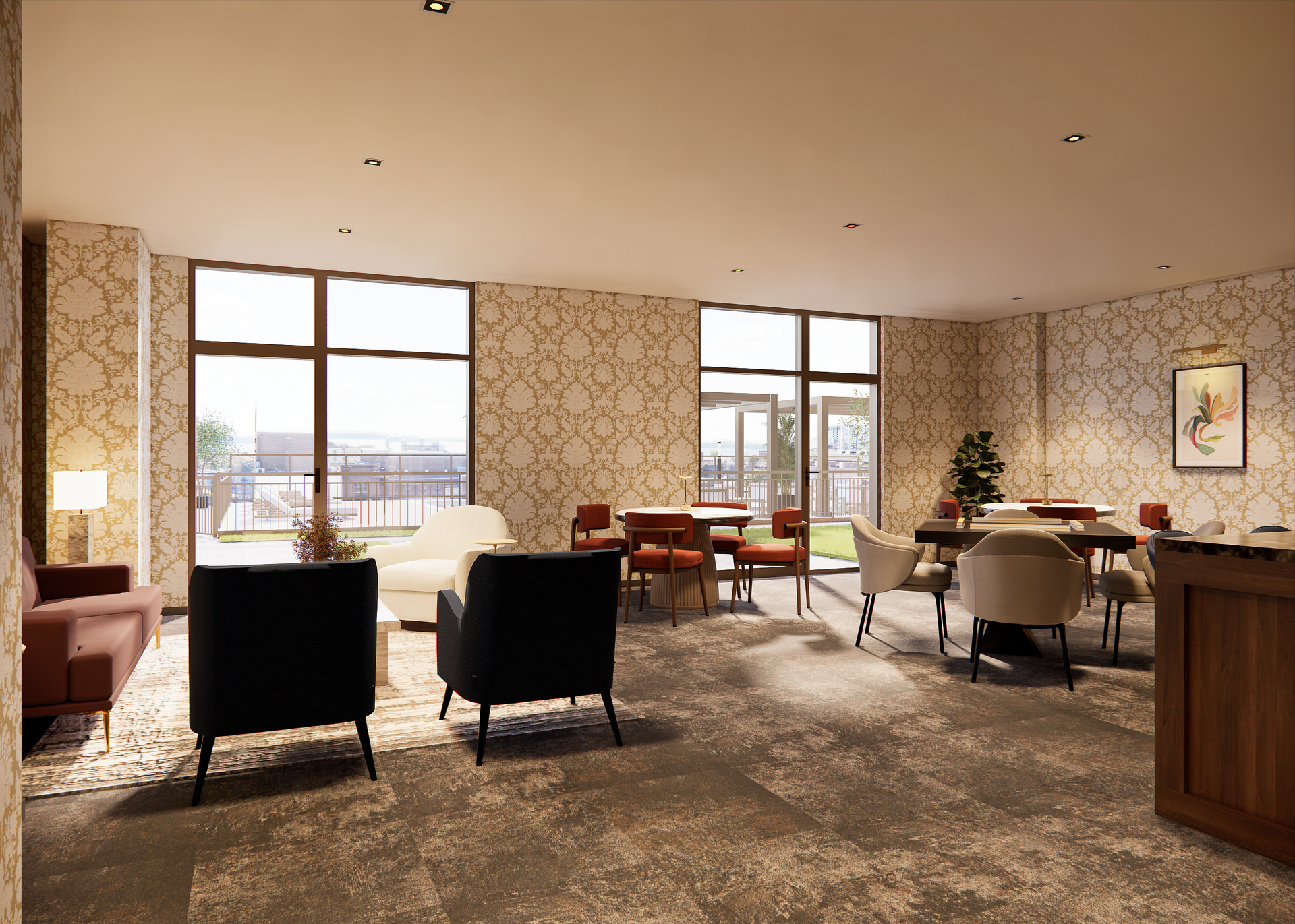 Cozy lounge area with patterned wallpaper, large windows, various seating, and dining tables.