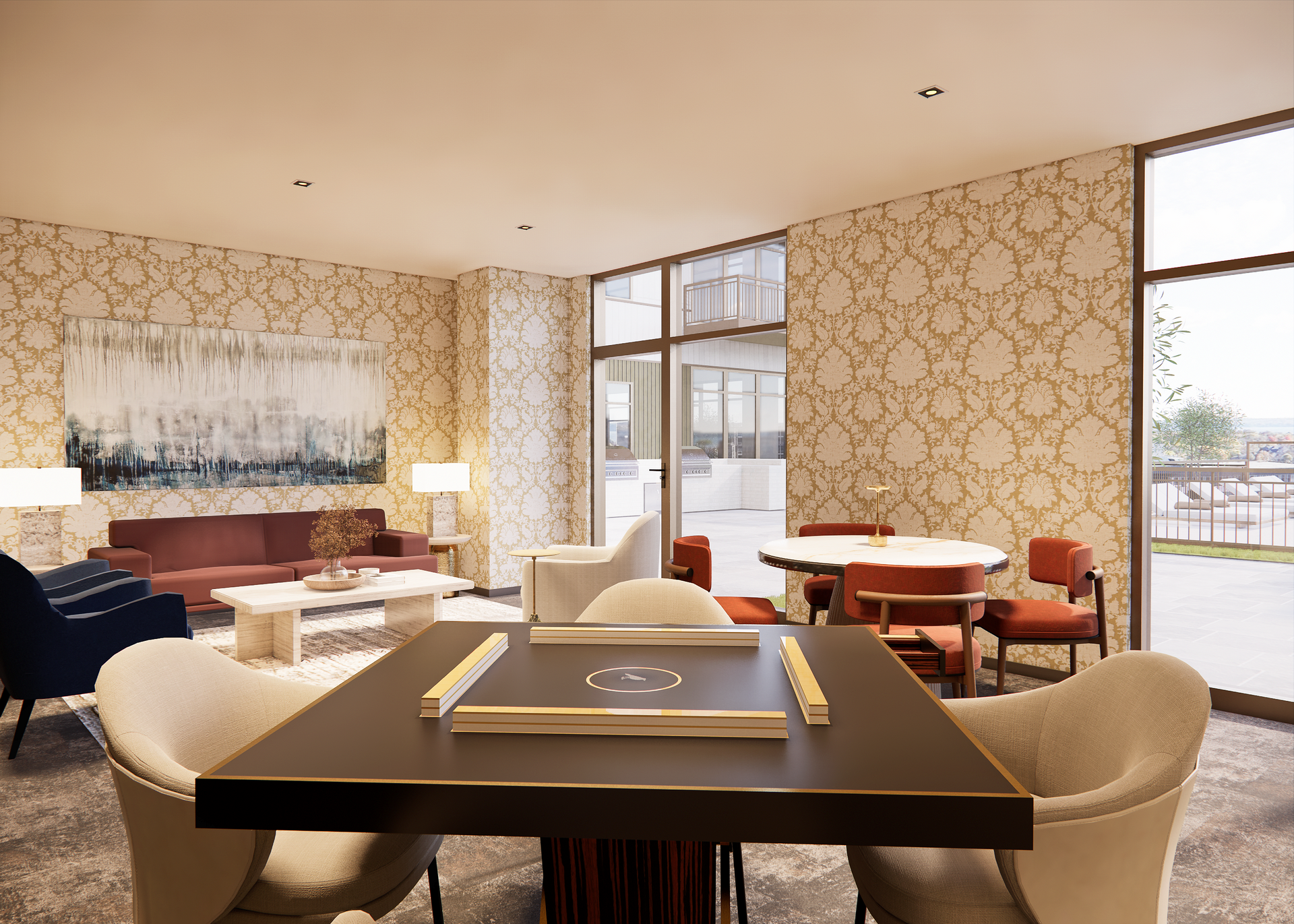 A lounge with a mahjong table, seating, and a view to an outdoor patio.