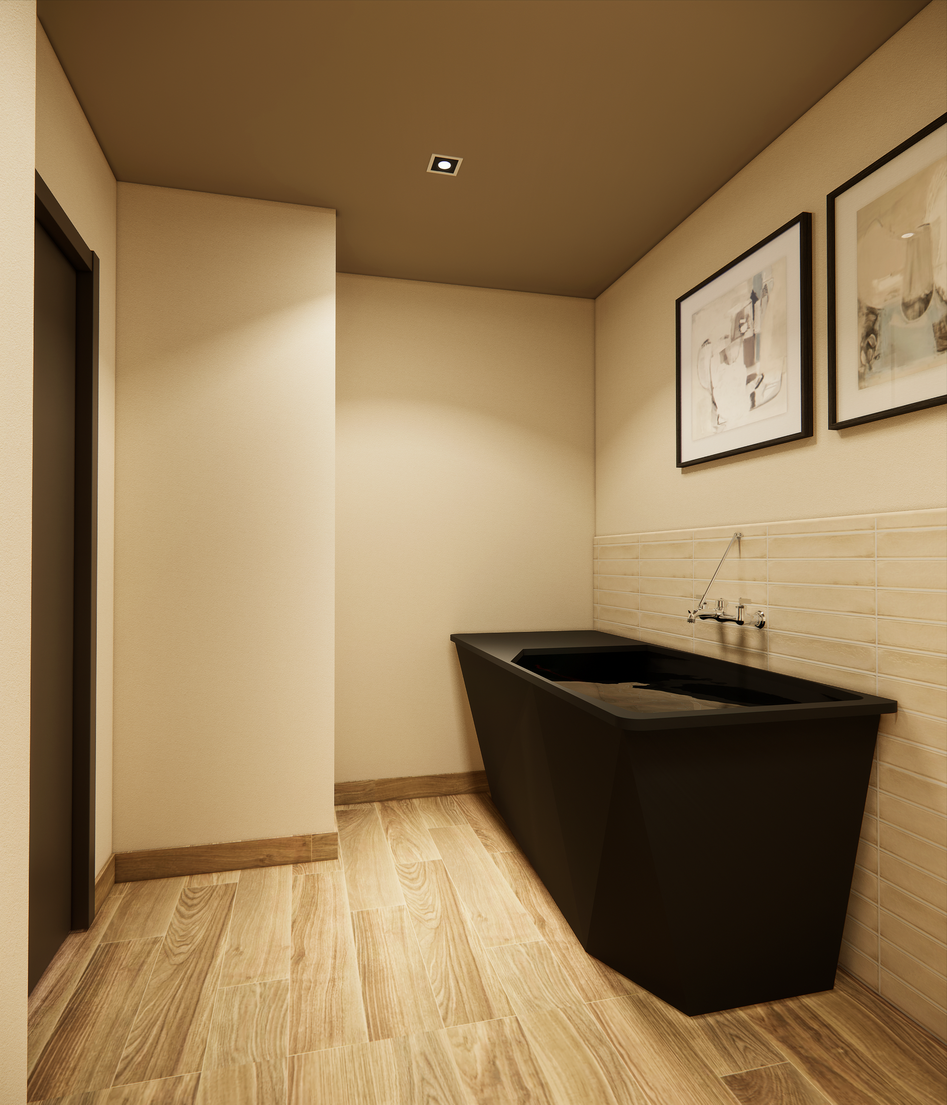 Bathroom with black tub, light wood floor, and framed art.