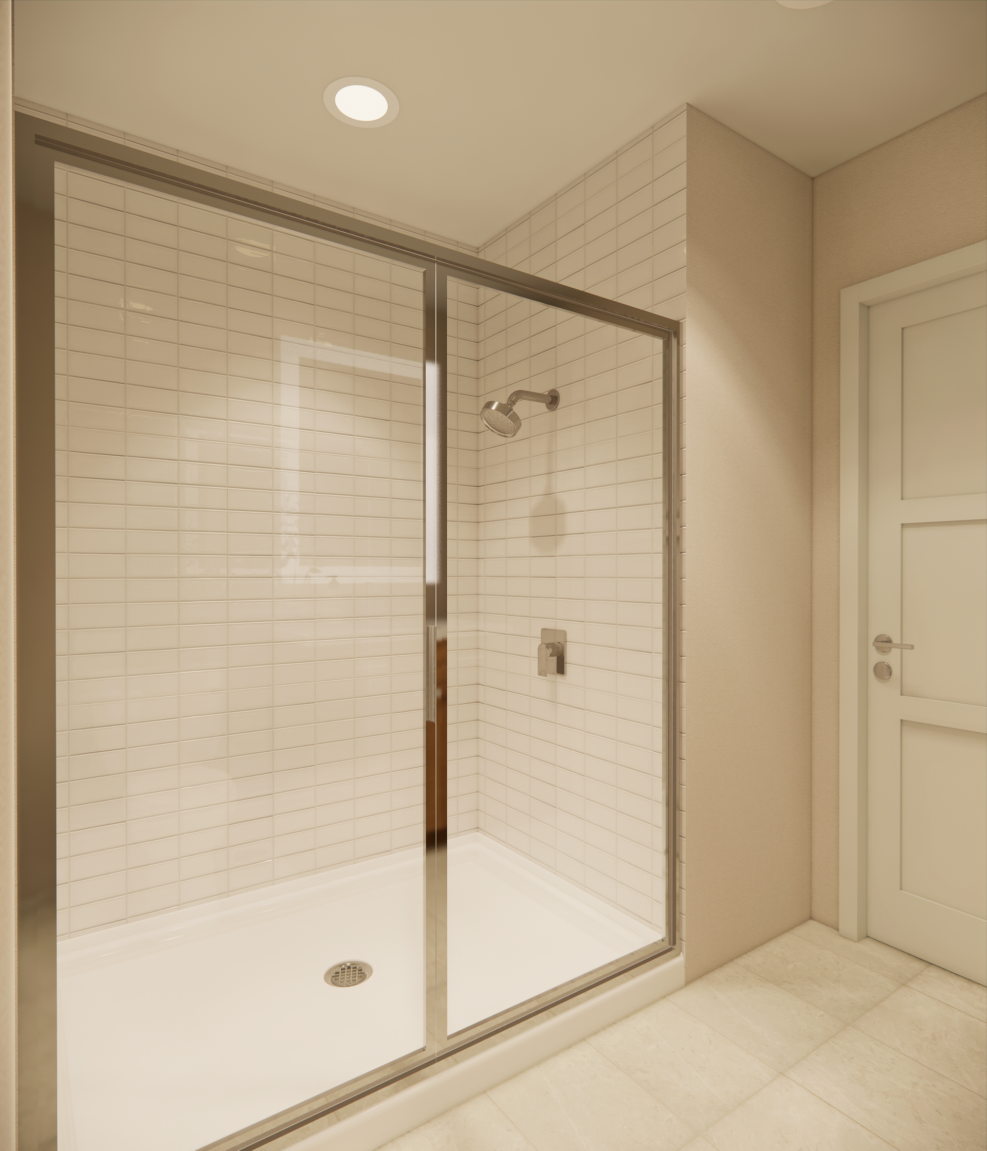 Bathroom with a wooden vanity, a toilet, a lighted mirror, and a closed white door.