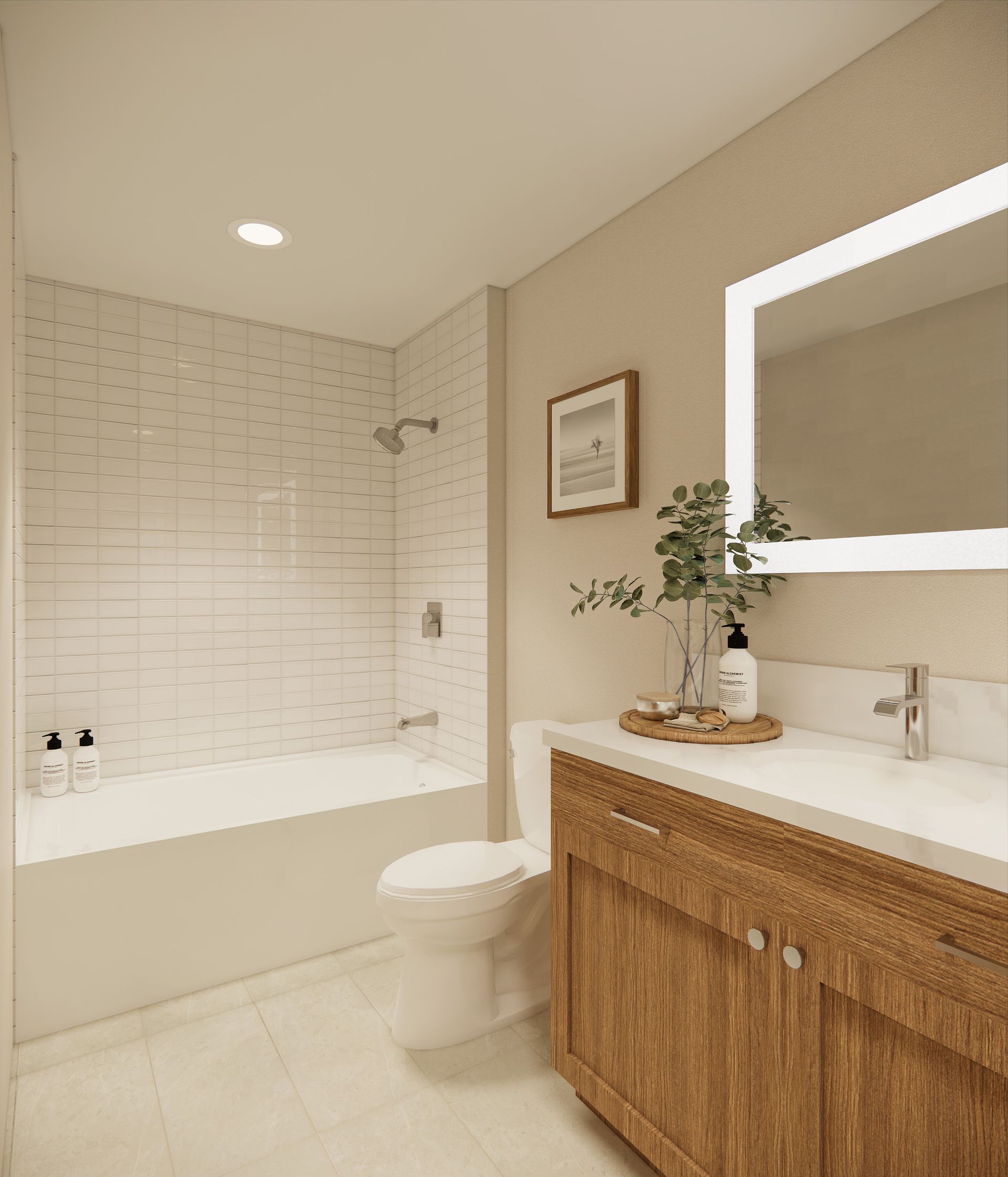 A modern bathroom with a white tub, a wood vanity with a marble countertop, and an illuminated mirror on a beige wall.