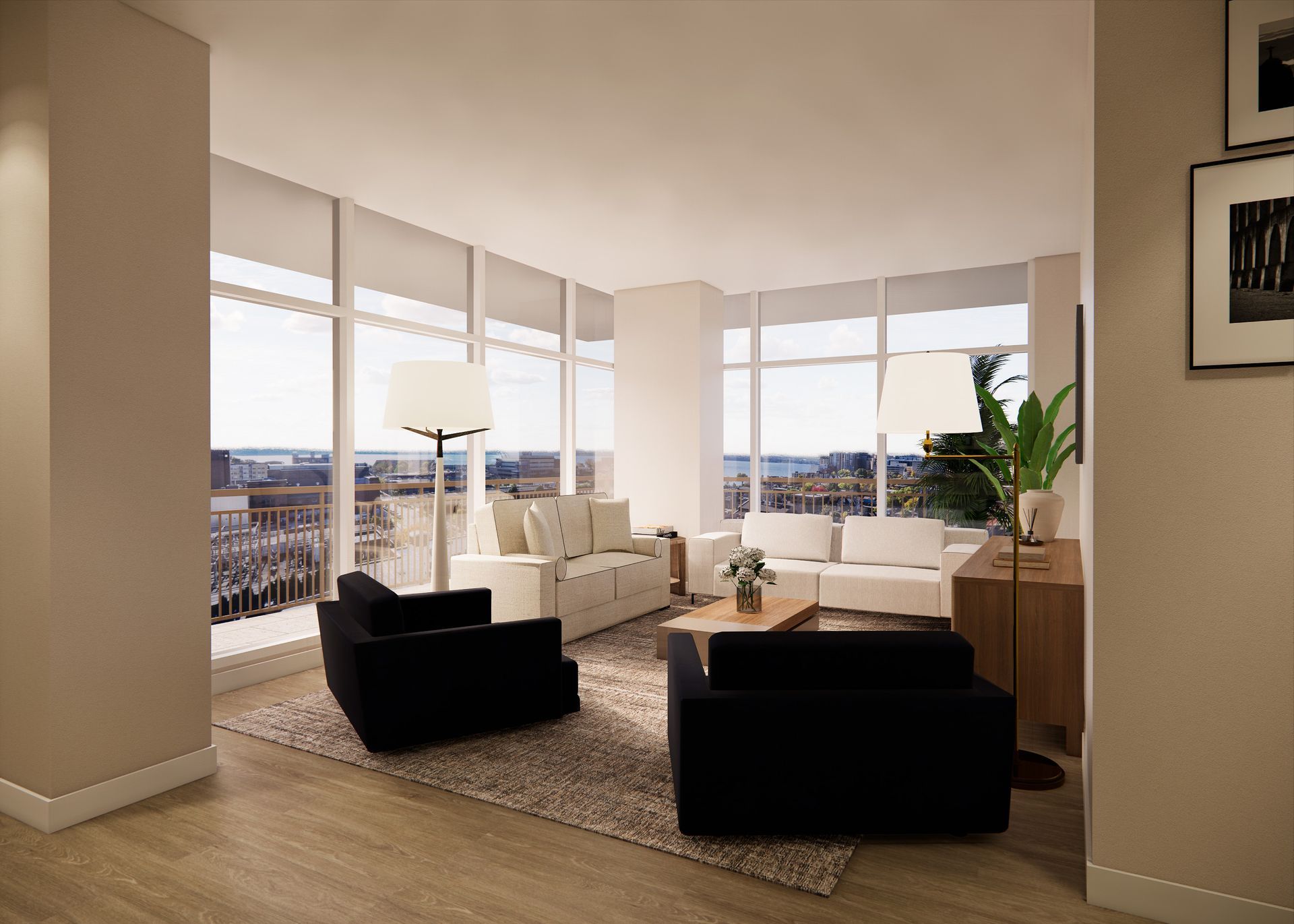A modern living room with cream sofas, two black armchairs, a wooden coffee table, and large windows overlooking a city.