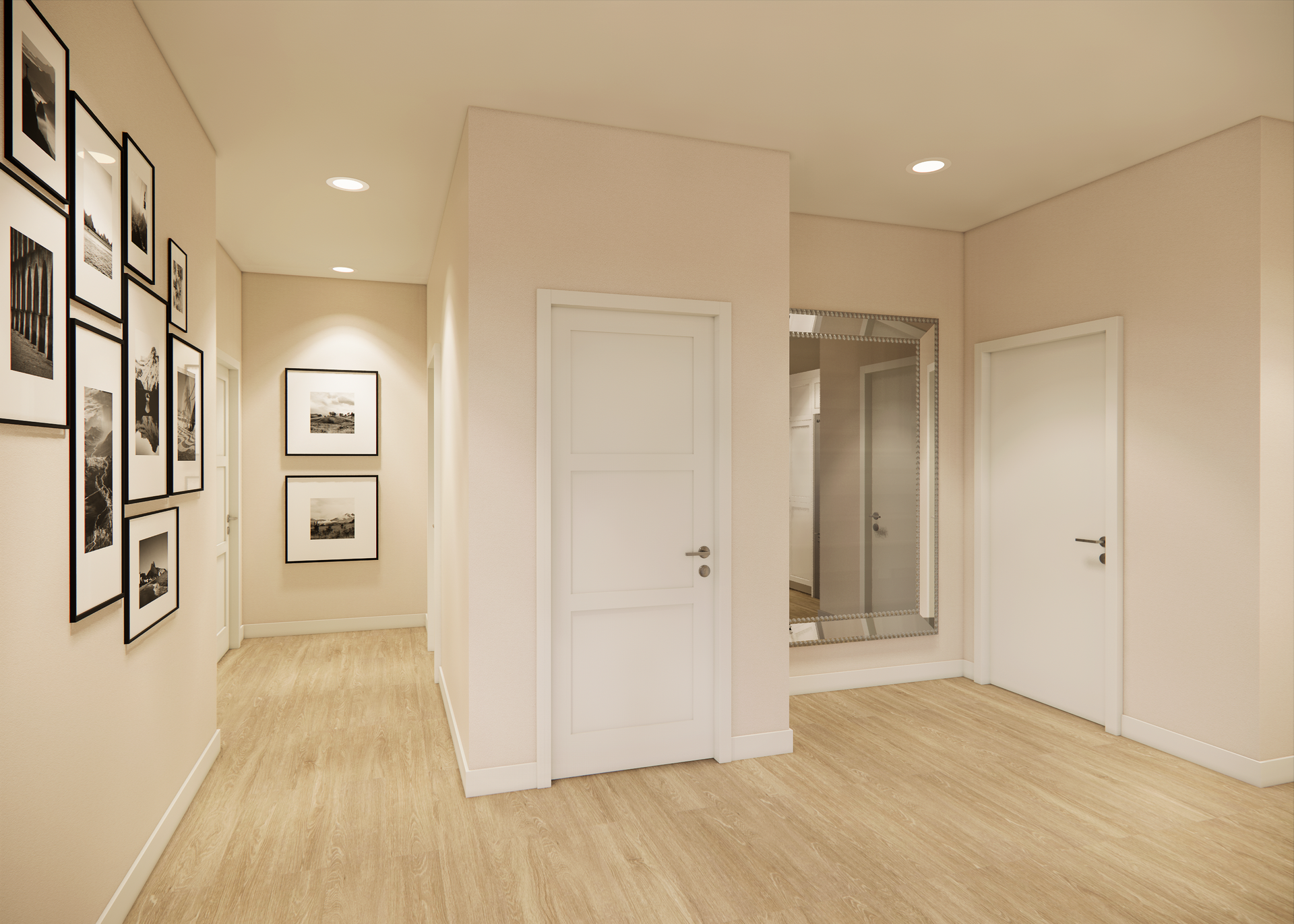 Interior hallway with light wood floors, white doors, and framed artwork.