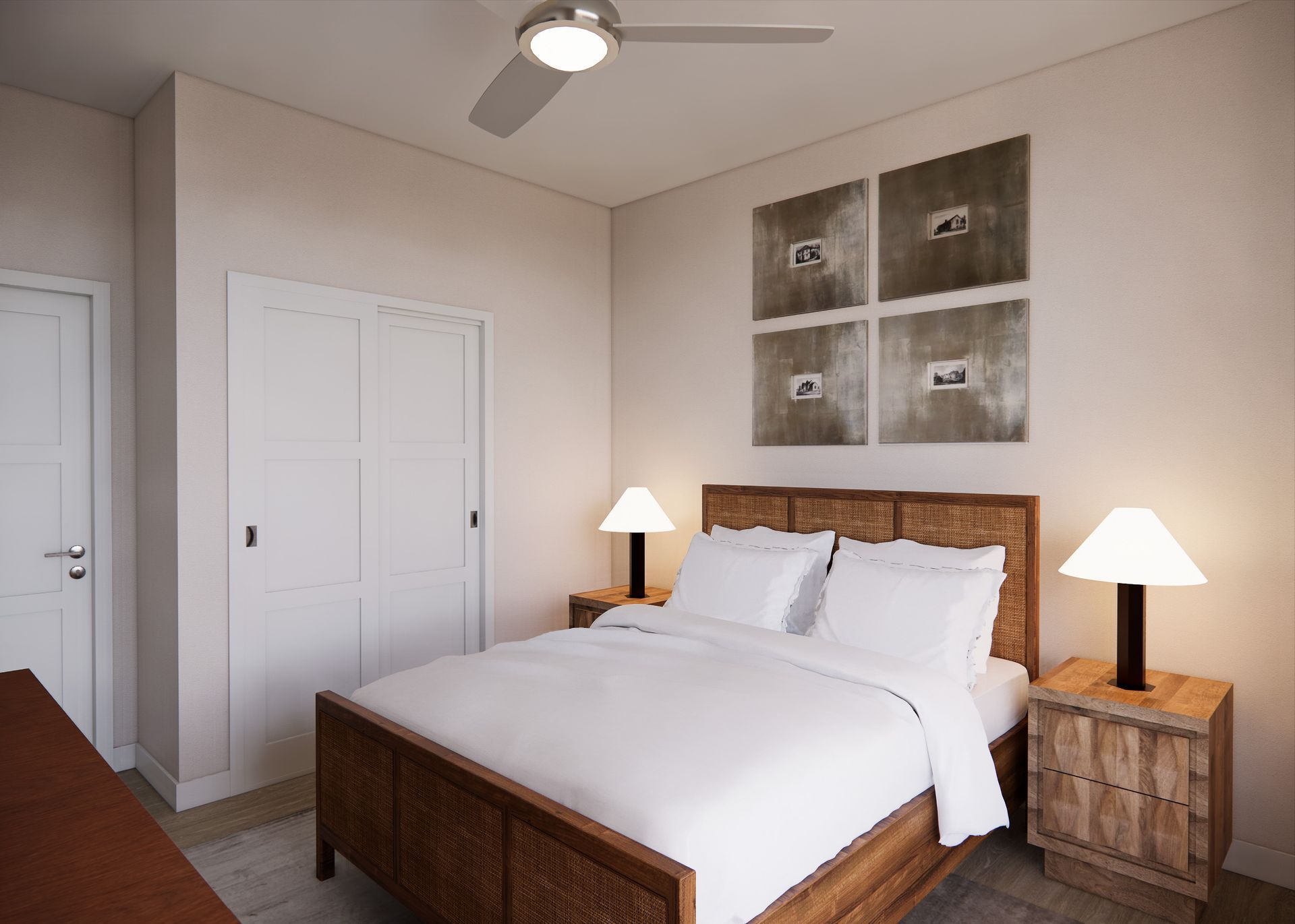 A bedroom featuring a wooden bed frame with white bedding, two bedside tables with lamps, and four square abstract art pieces.