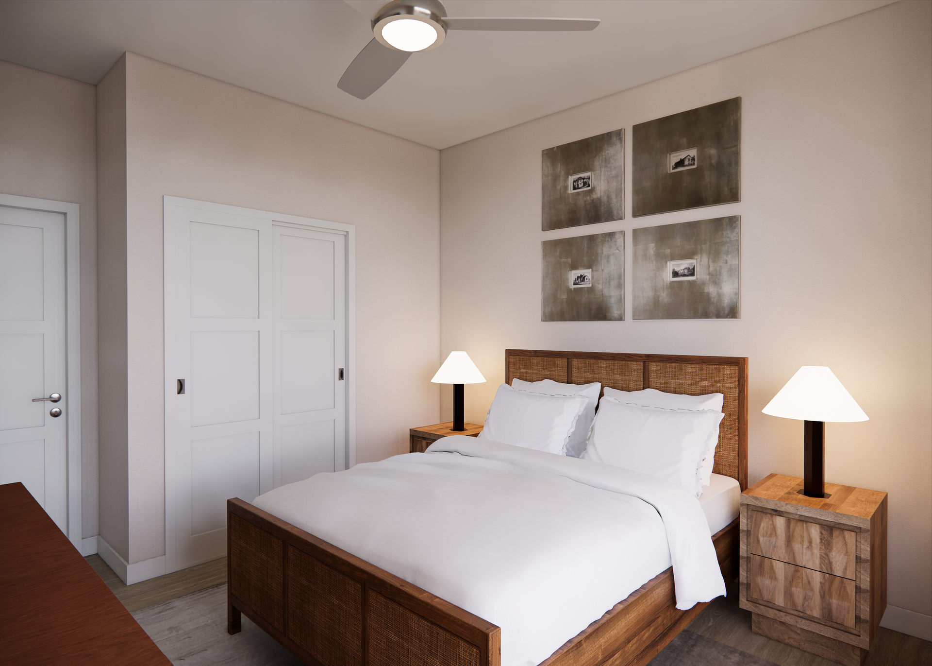 Bedroom with bed, nightstands, lamps, artwork, and closet. Ceiling fan.