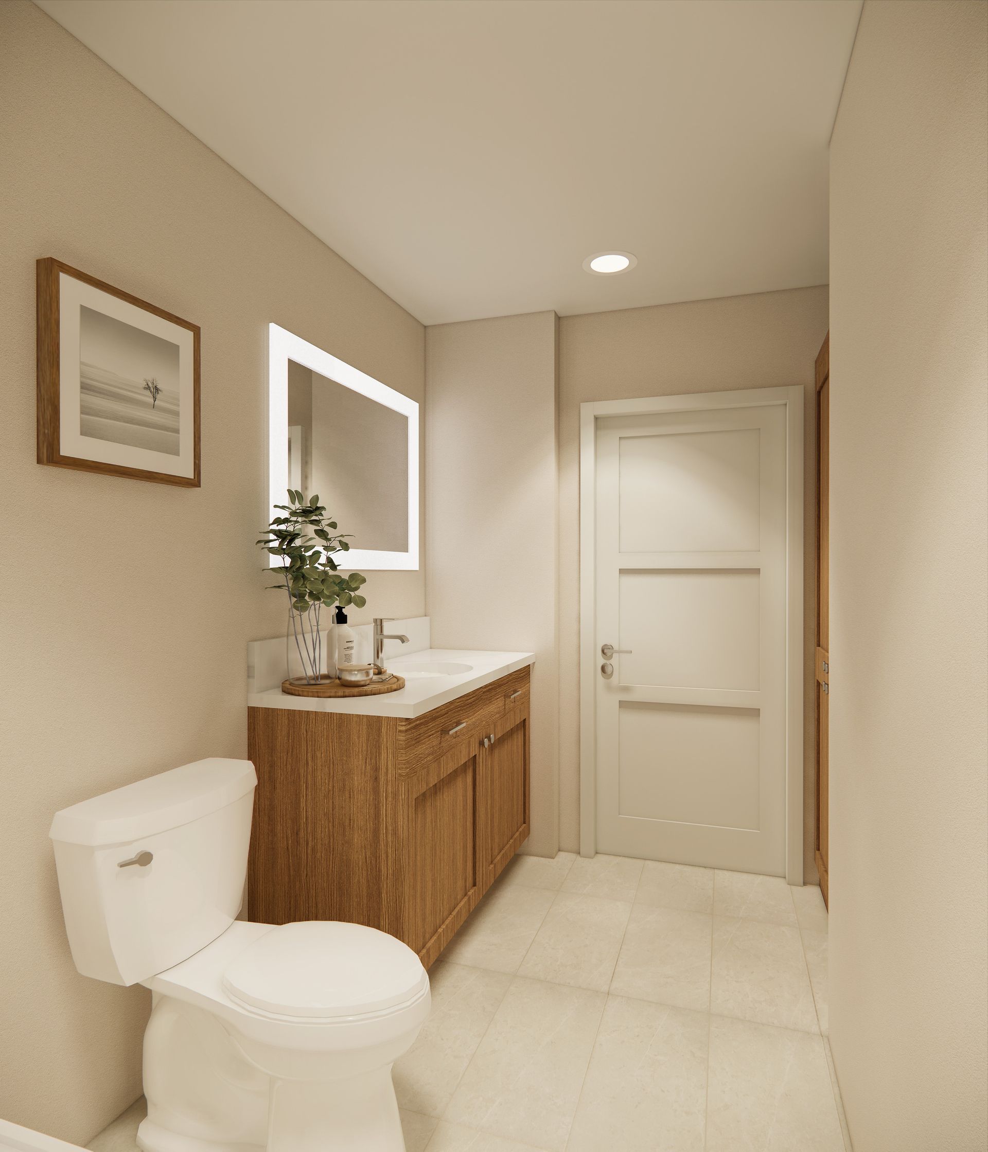 A modern bathroom featuring a wood vanity, white toilet, illuminated mirror, and a neutral color palette.