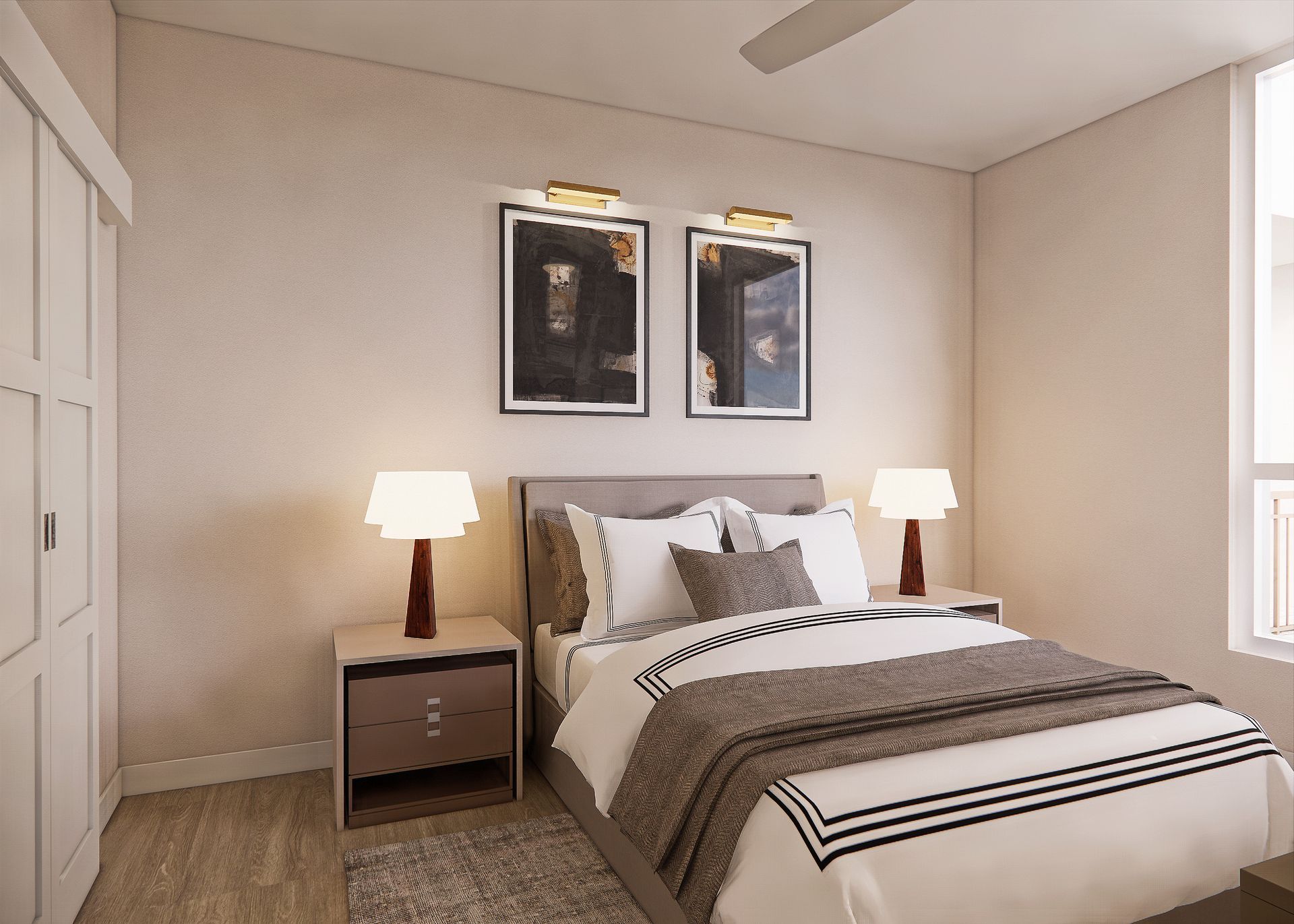 A modern bedroom with a bed, two nightstands with lamps, and two framed prints on a light beige wall.