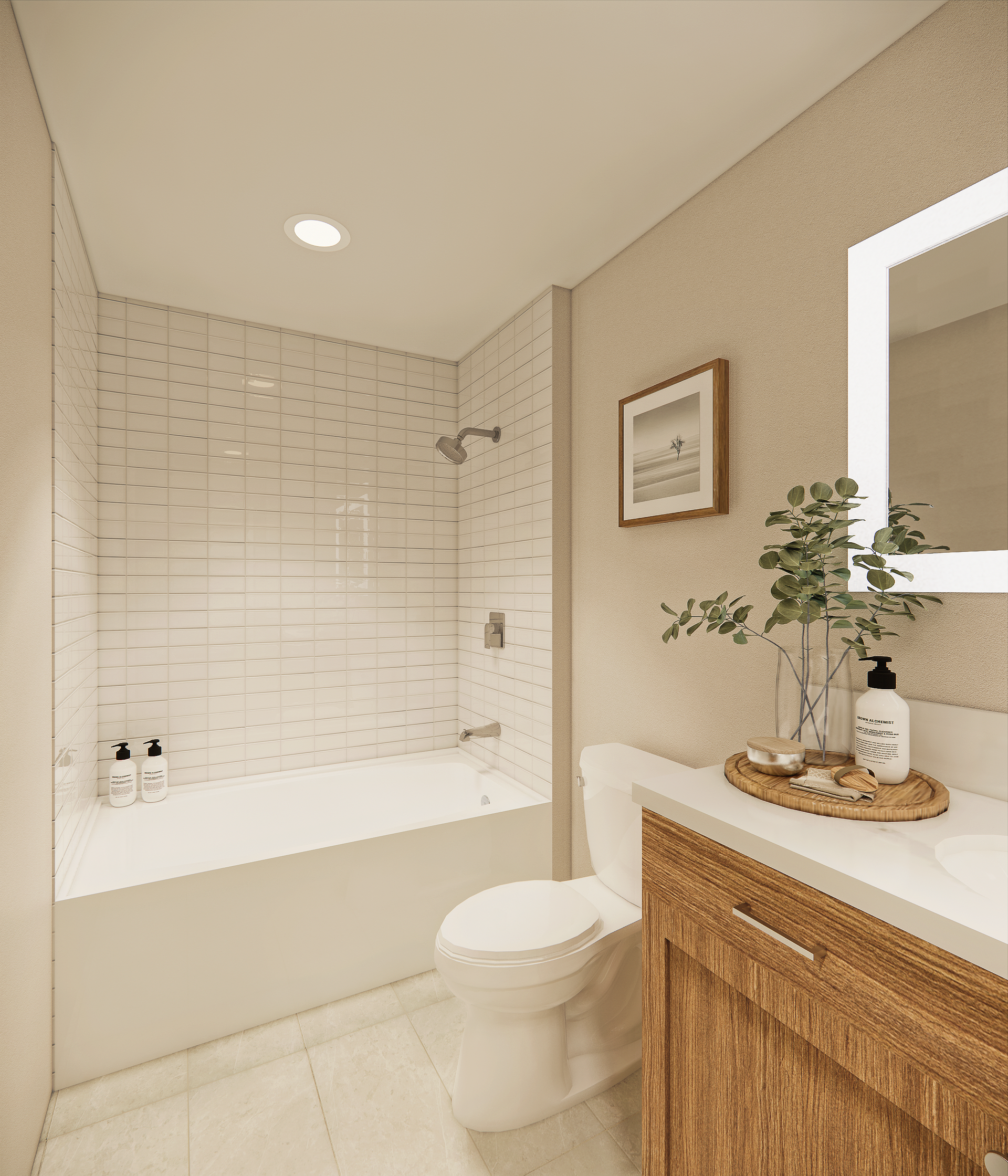 Bathroom with white tub, toilet, and beige walls; wooden vanity and framed artwork.