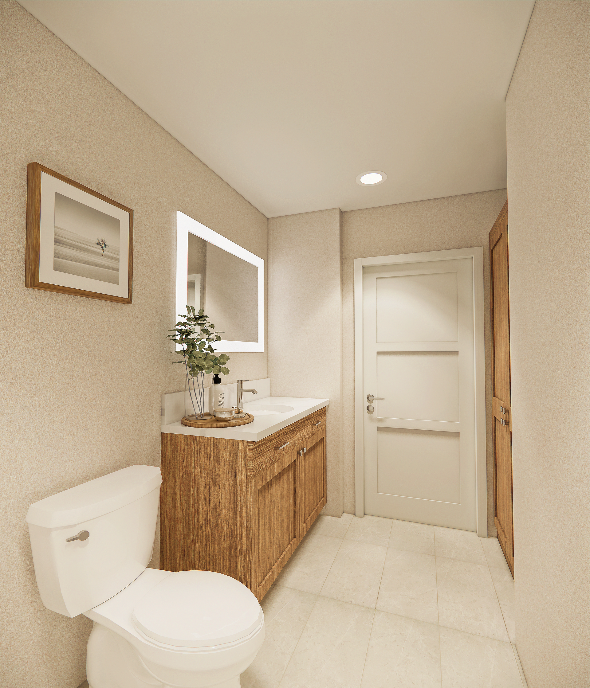 Bathroom with wooden vanity, toilet, and framed mirror. Light walls and flooring, door visible.