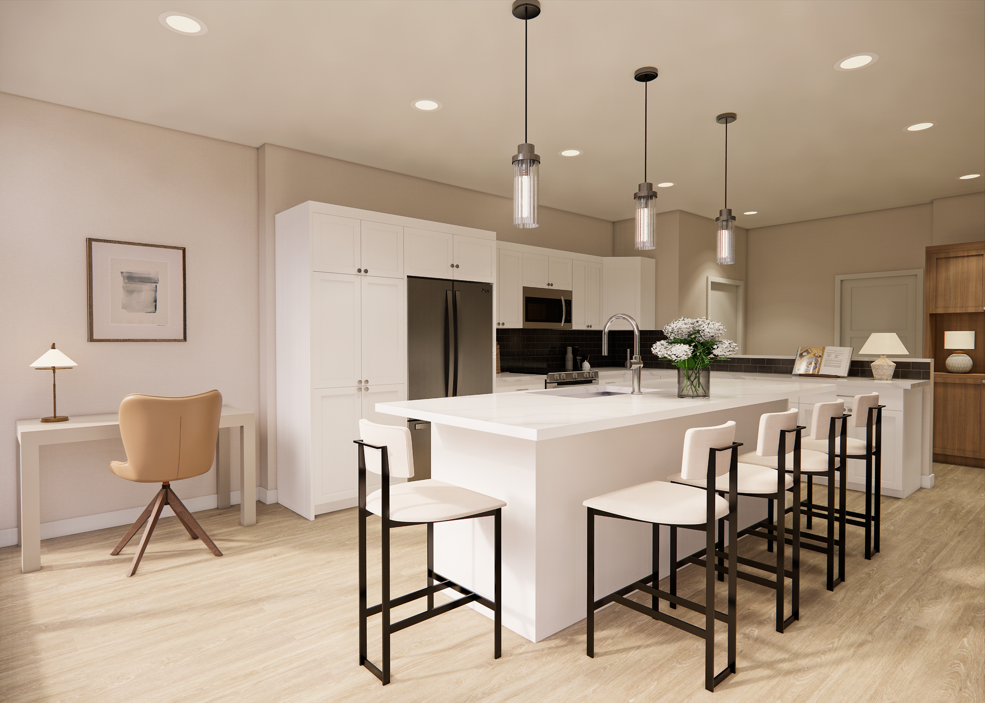 Modern kitchen with white cabinets, island with stools, and desk.