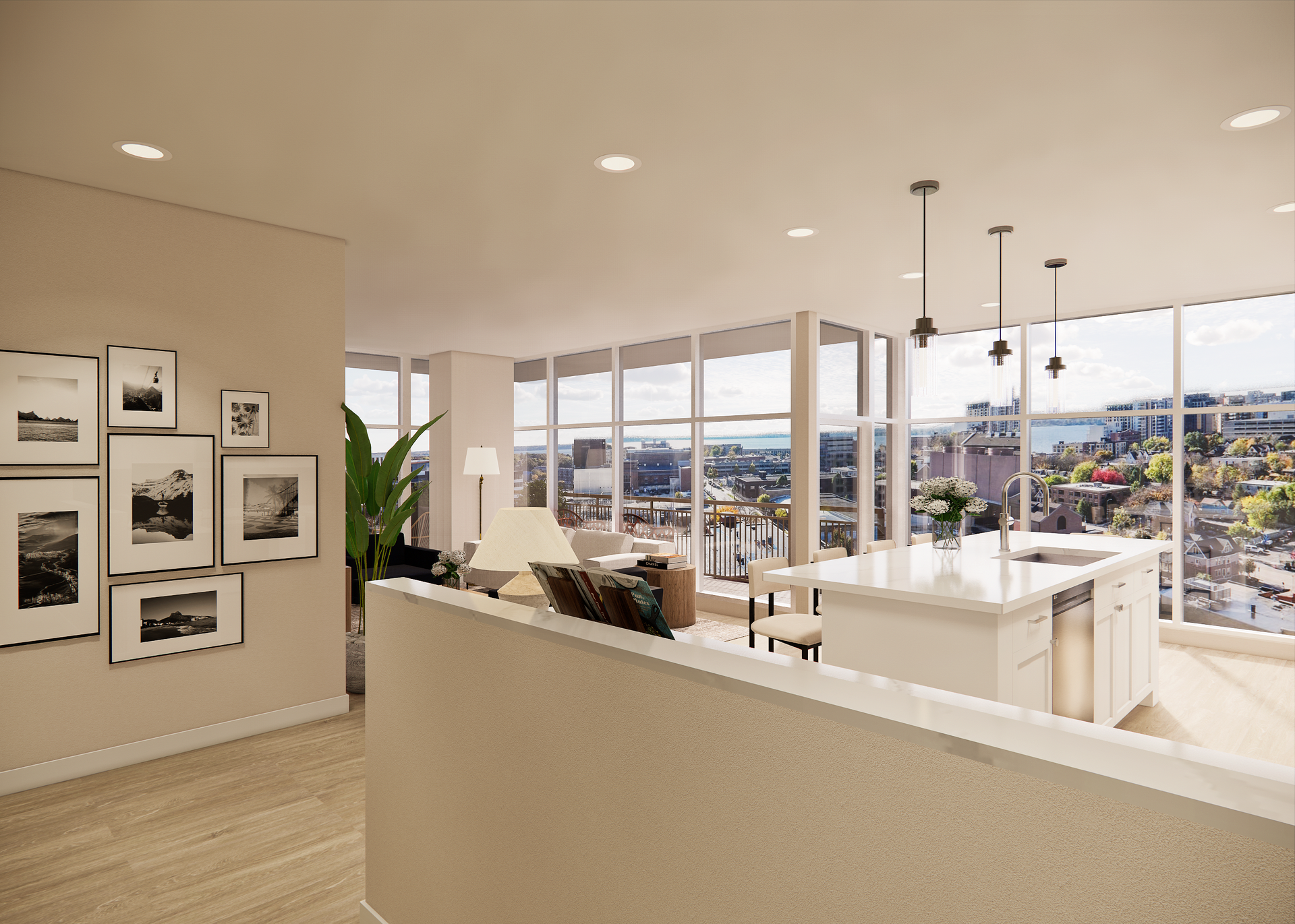 Modern open-concept living space with kitchen island, floor-to-ceiling windows, and city view.