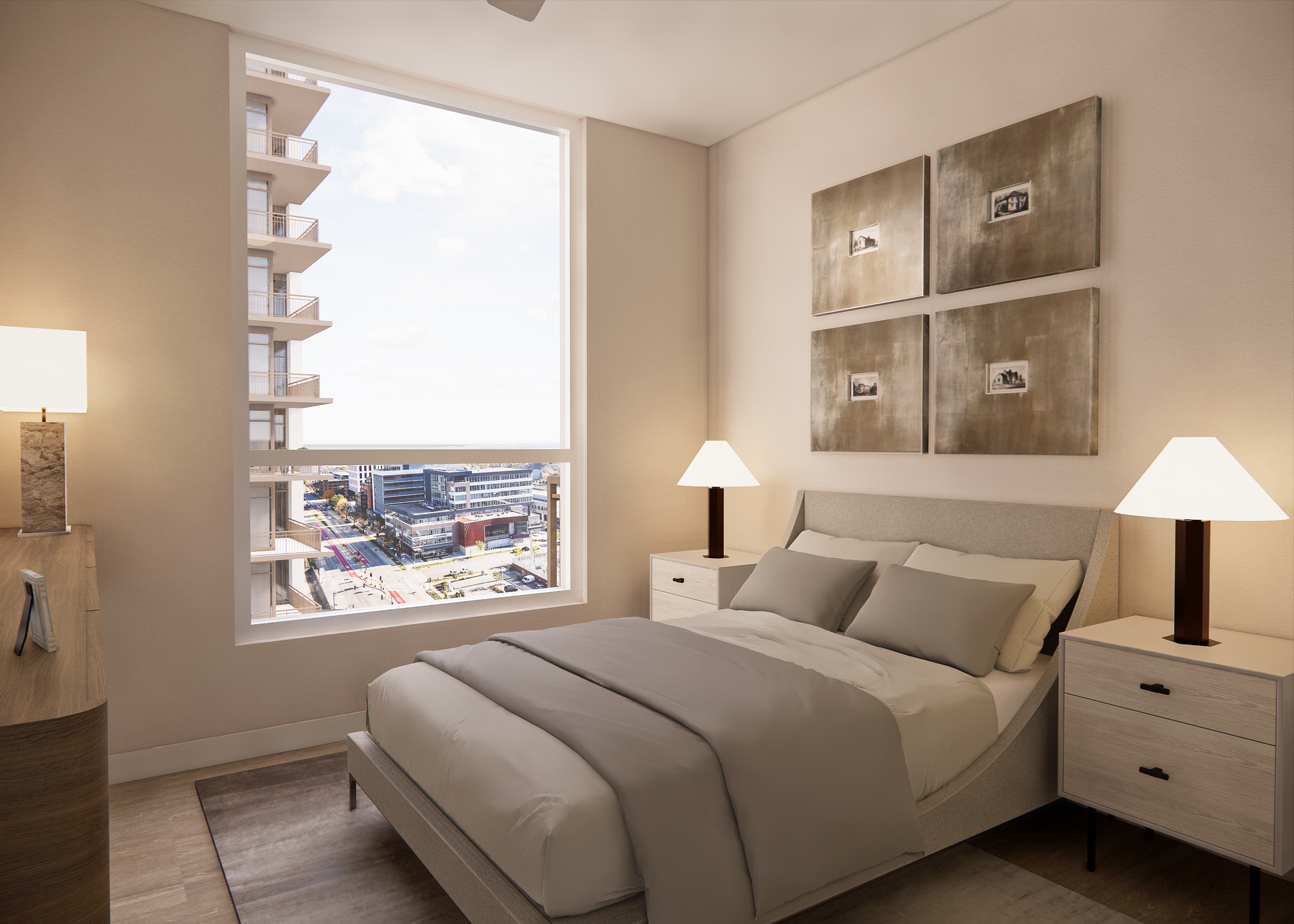 Bedroom with bed, nightstands, lamps, artwork, and large window overlooking cityscape.