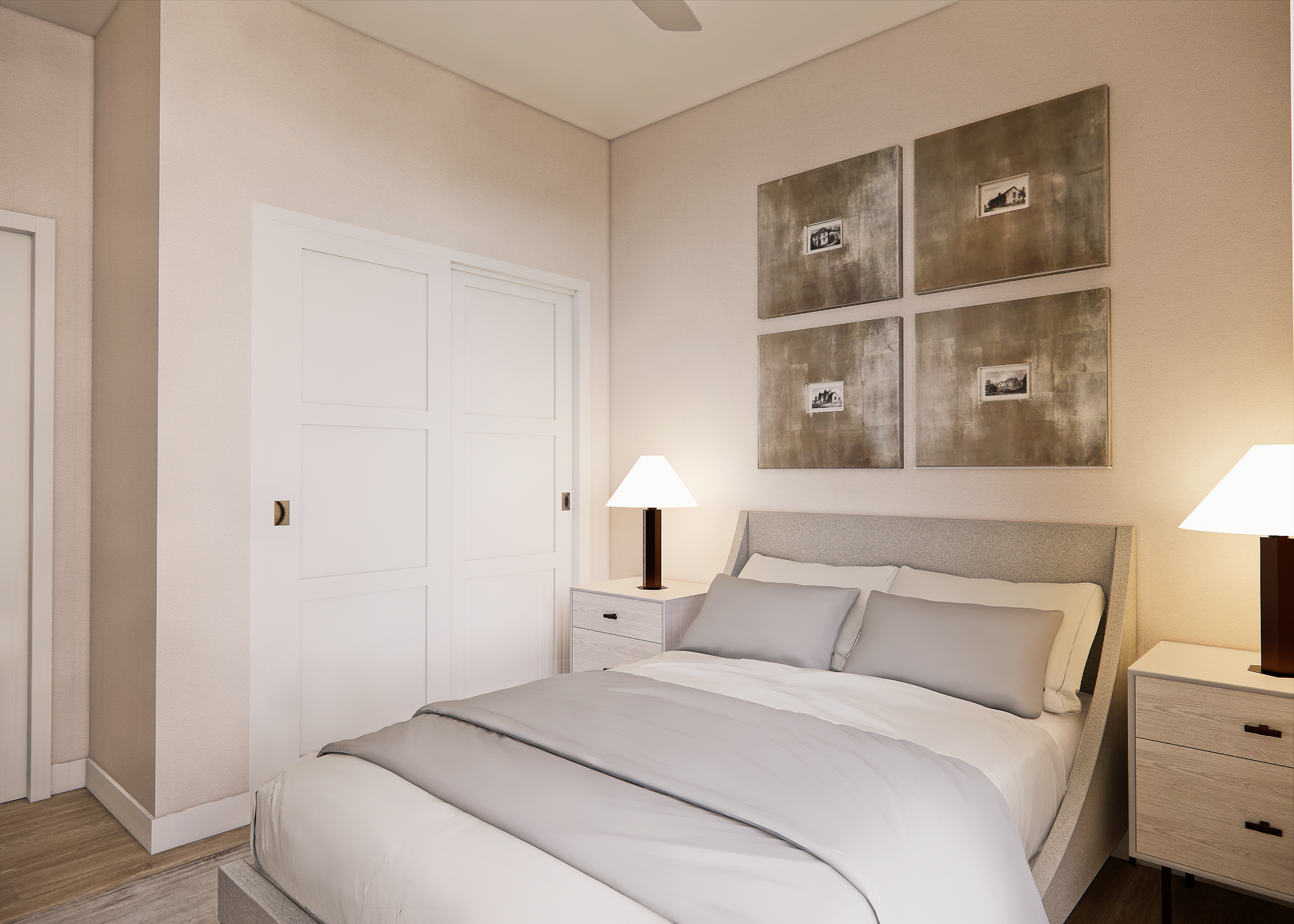 Bedroom with bed, nightstands, wall art, and closet; neutral colors, soft lighting.