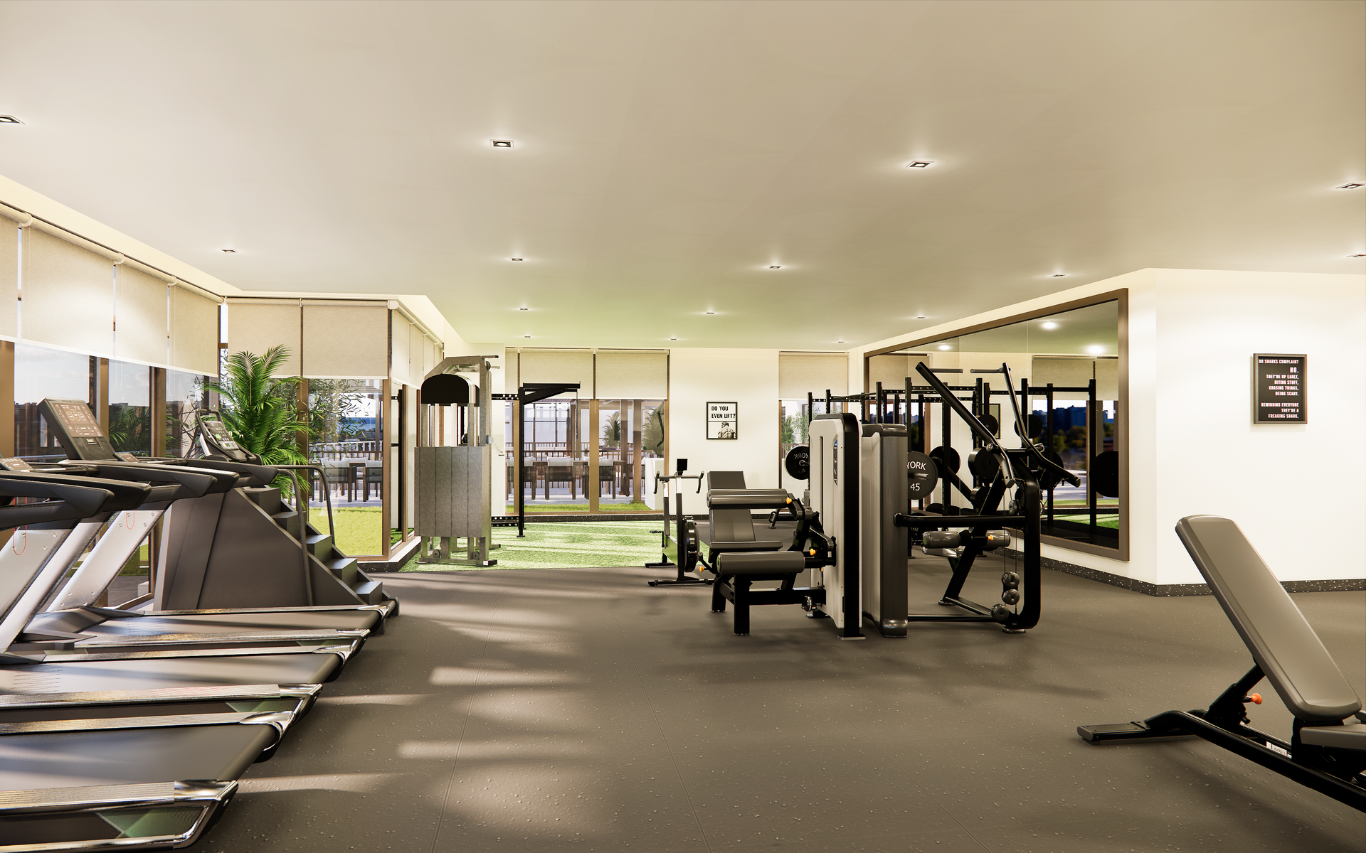 Gym with treadmills, weight machines, and a bench; interior view with windows and neutral tones.