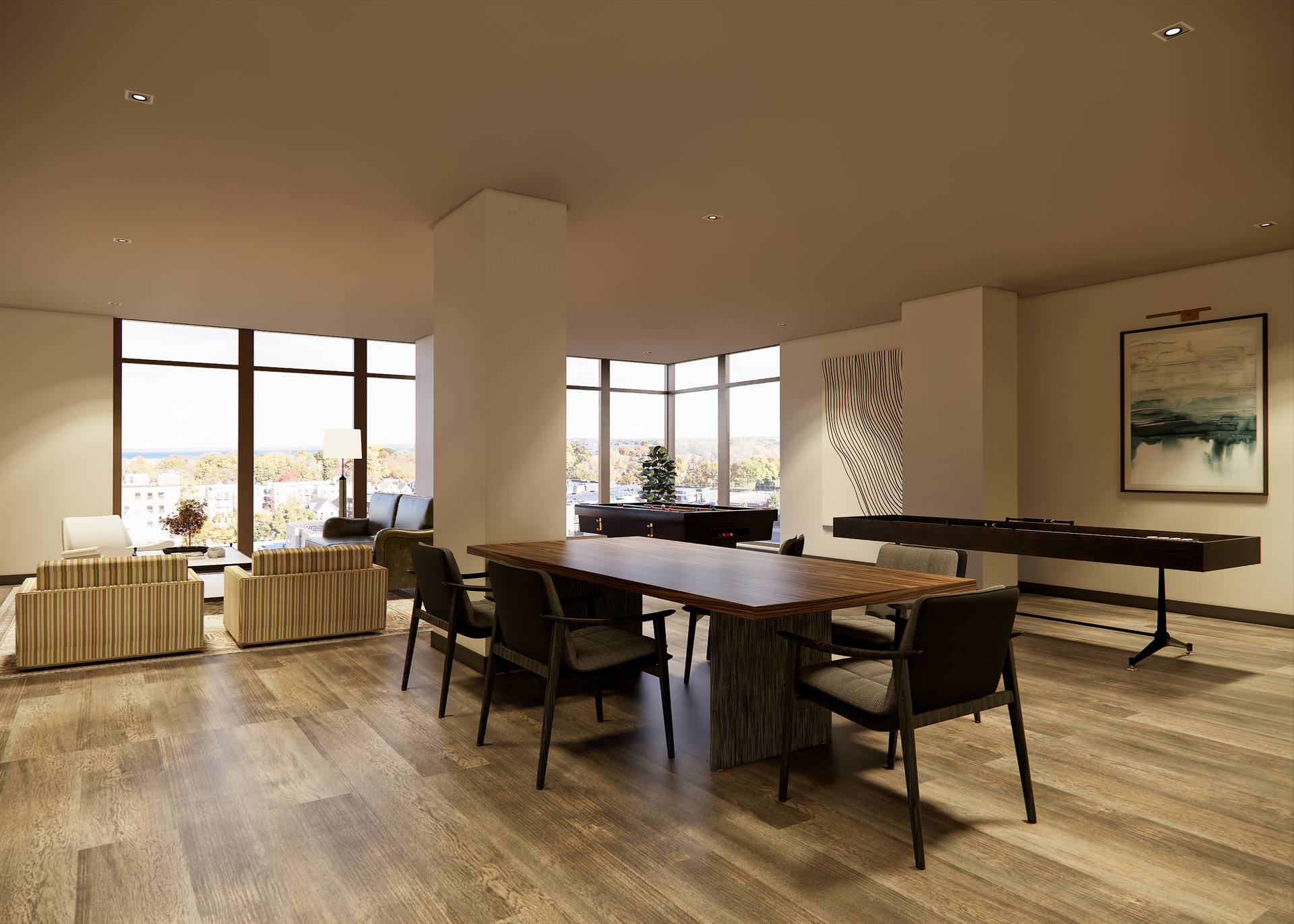 Spacious dining area with long table, seating, and windows.