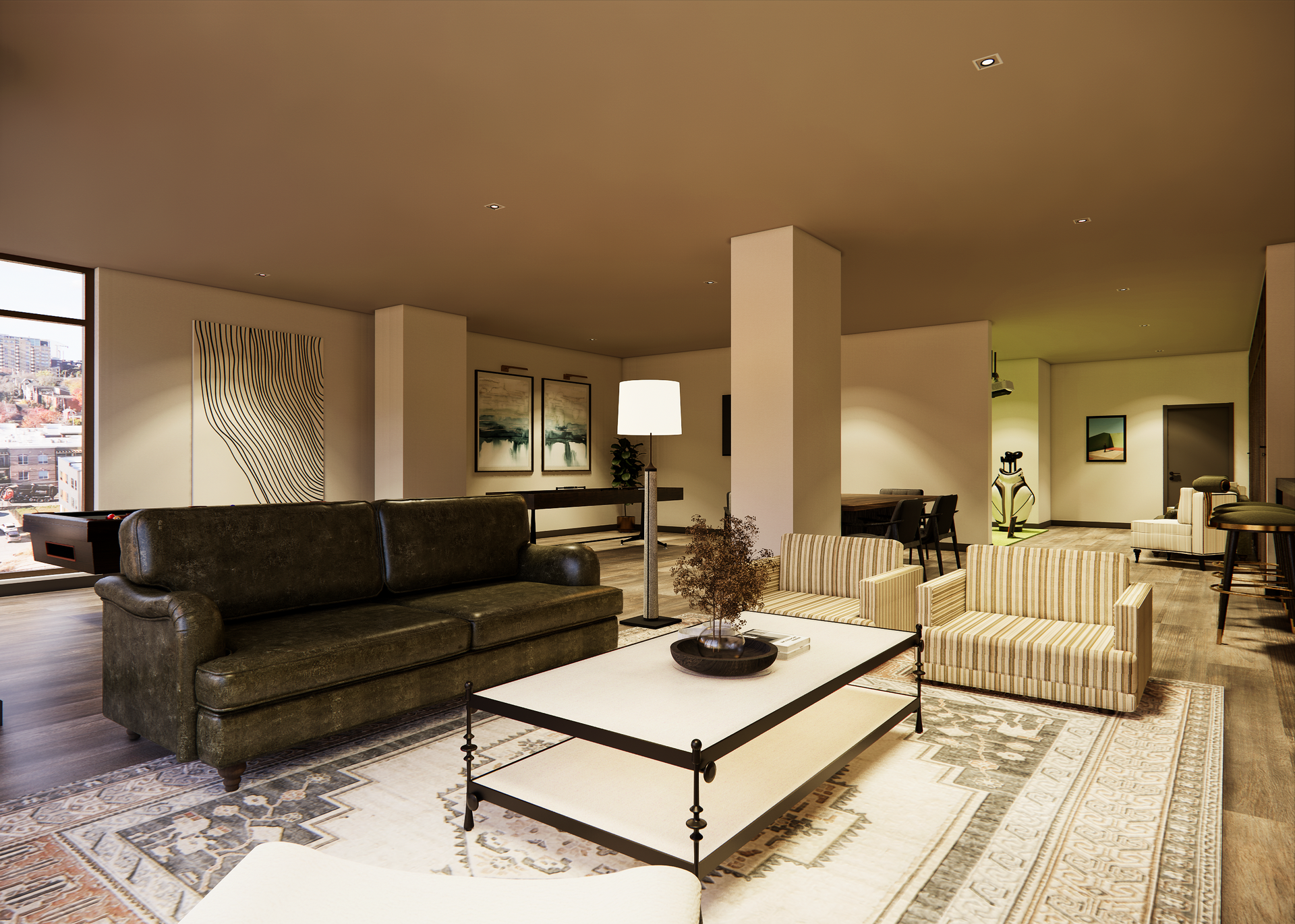 Living room with sofa, rug, coffee table, and zebra artwork.