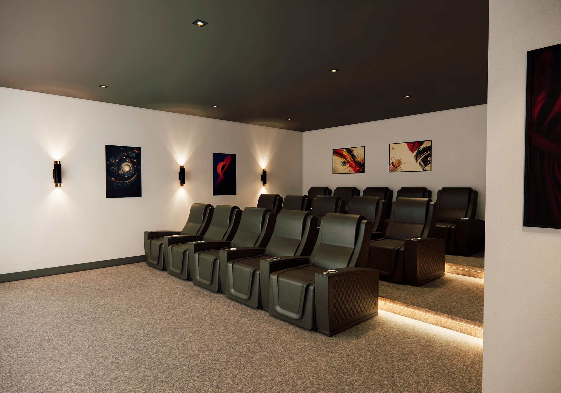 Home theater with reclining leather chairs, artwork, and ambient lighting. Carpeted floor.