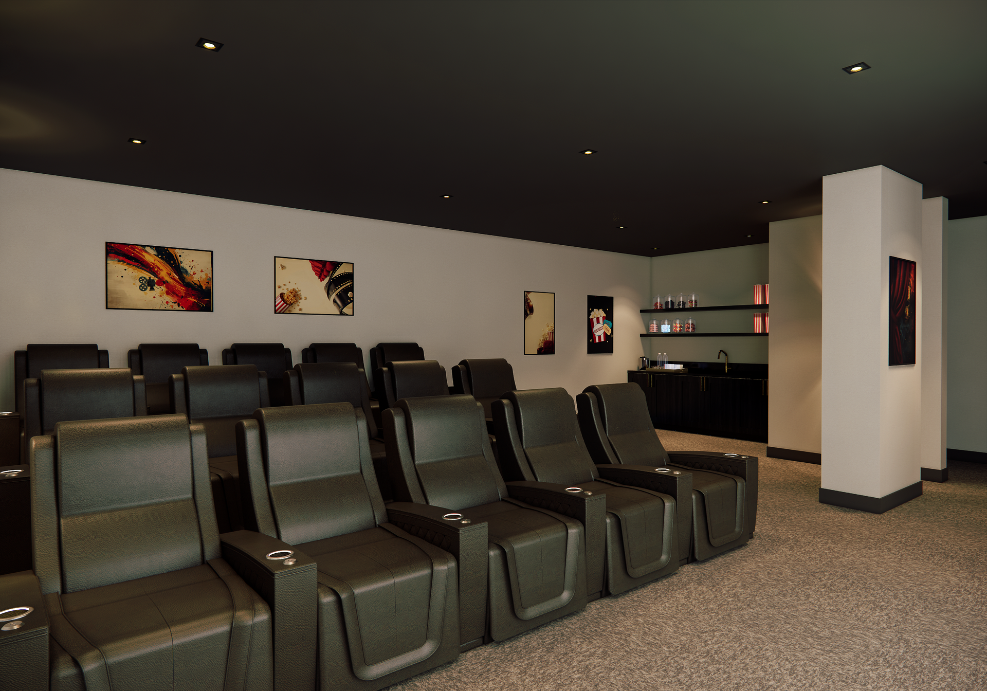 Home theater with black leather recliners, artwork on walls, and a small bar area.