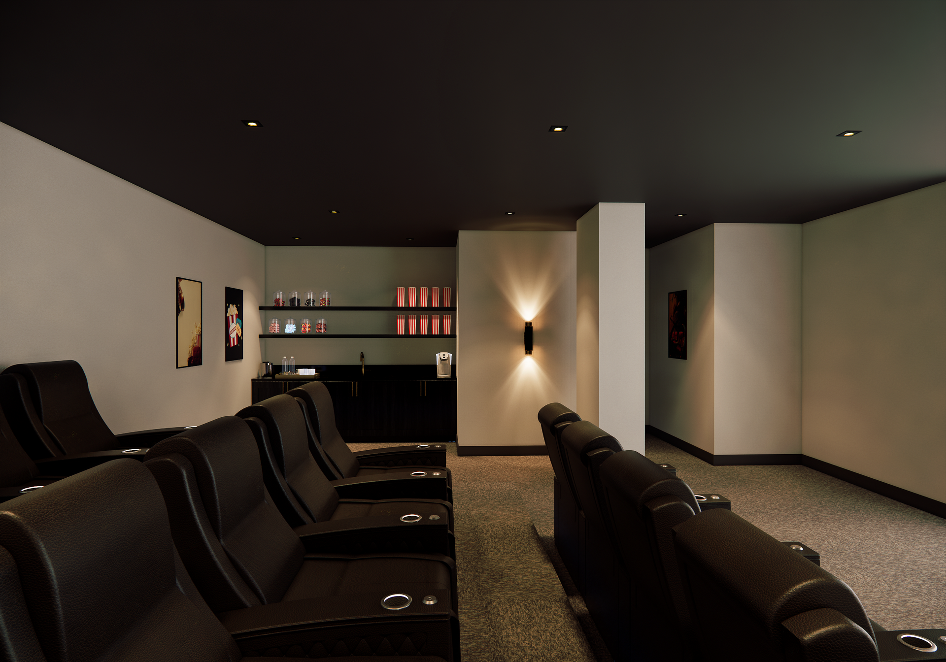 Home theater with rows of black recliners, black ceiling, bar, and sconce lighting on cream wall.