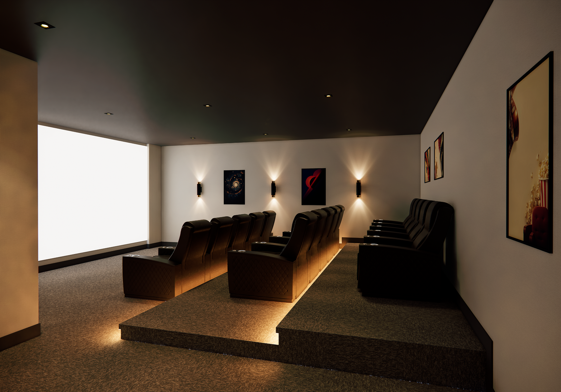 Home theater with tiered seating, black leather chairs, and movie posters on white walls, illuminated by ambient lighting.