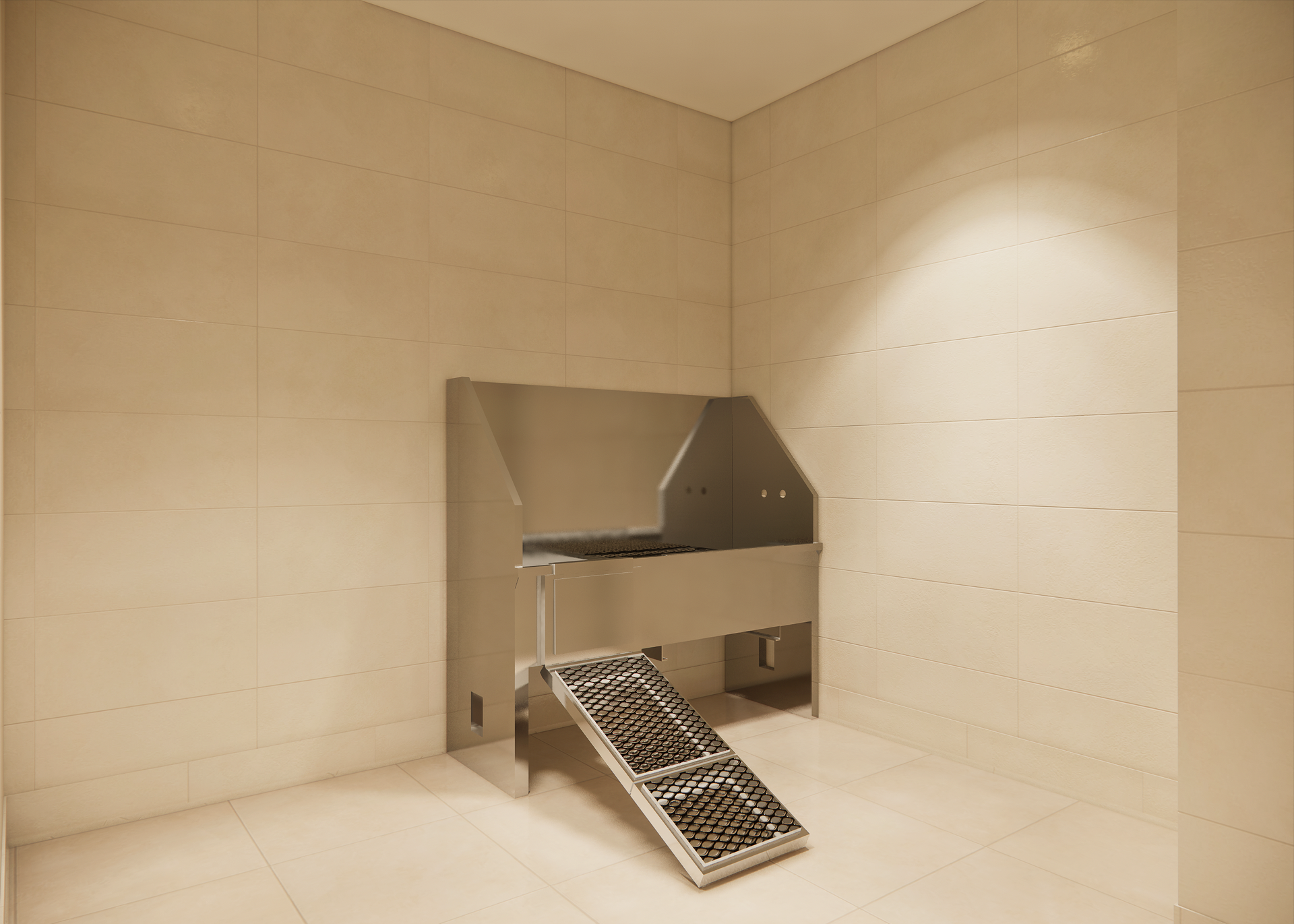 Stainless steel dog wash station with ramp in a tiled room.