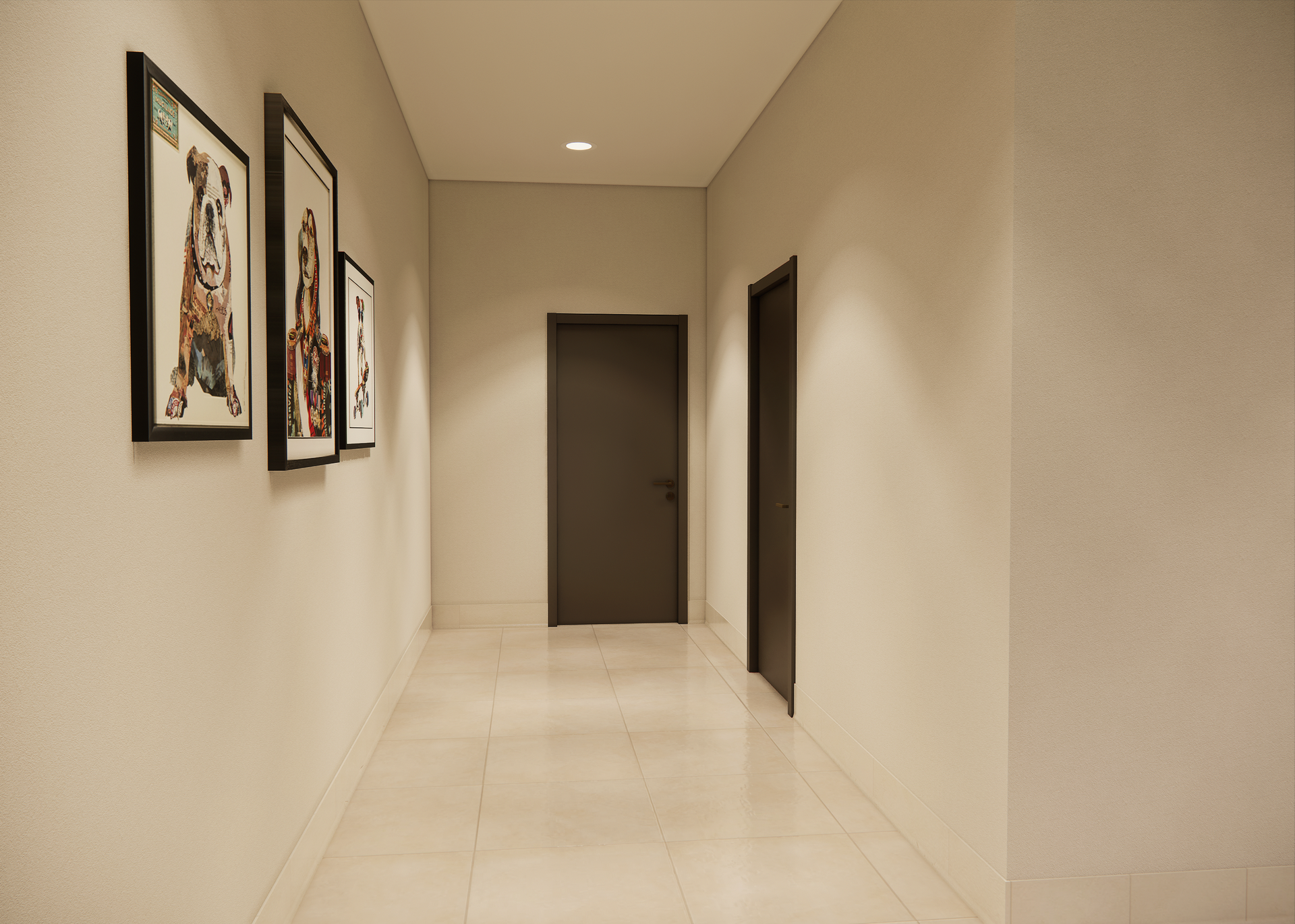 Long, beige hallway with three framed pictures on the left wall and closed doors.