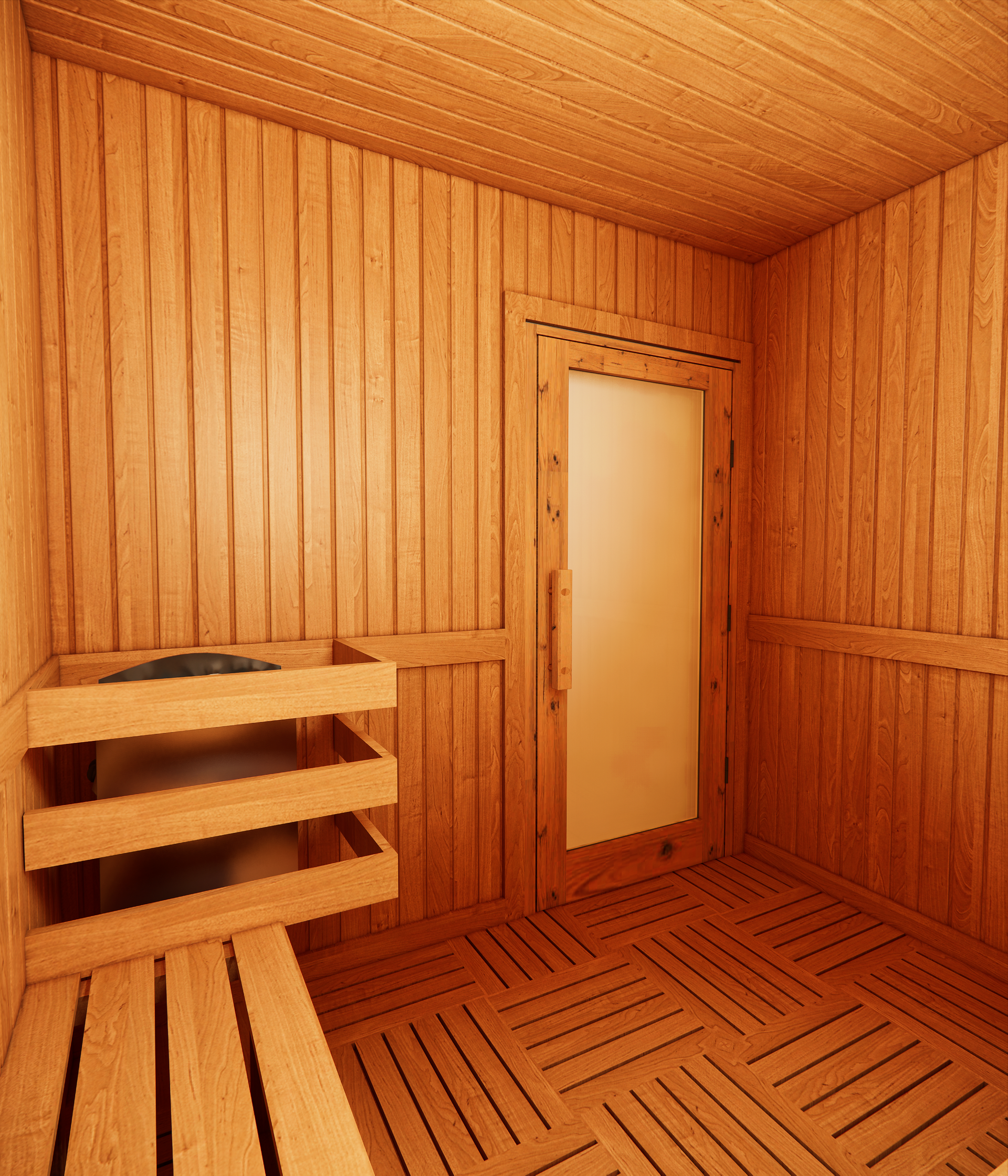 Wooden sauna interior with benches, shelves, and a door.
