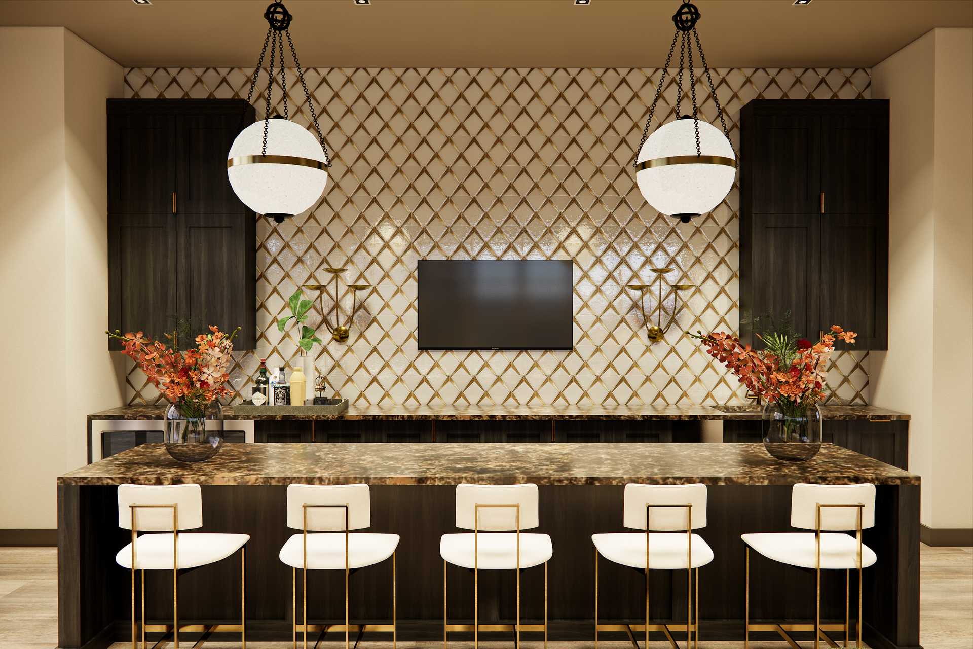 A bar area with black cabinets, patterned tile wall, and a long island with white barstools and two globe pendant lights.