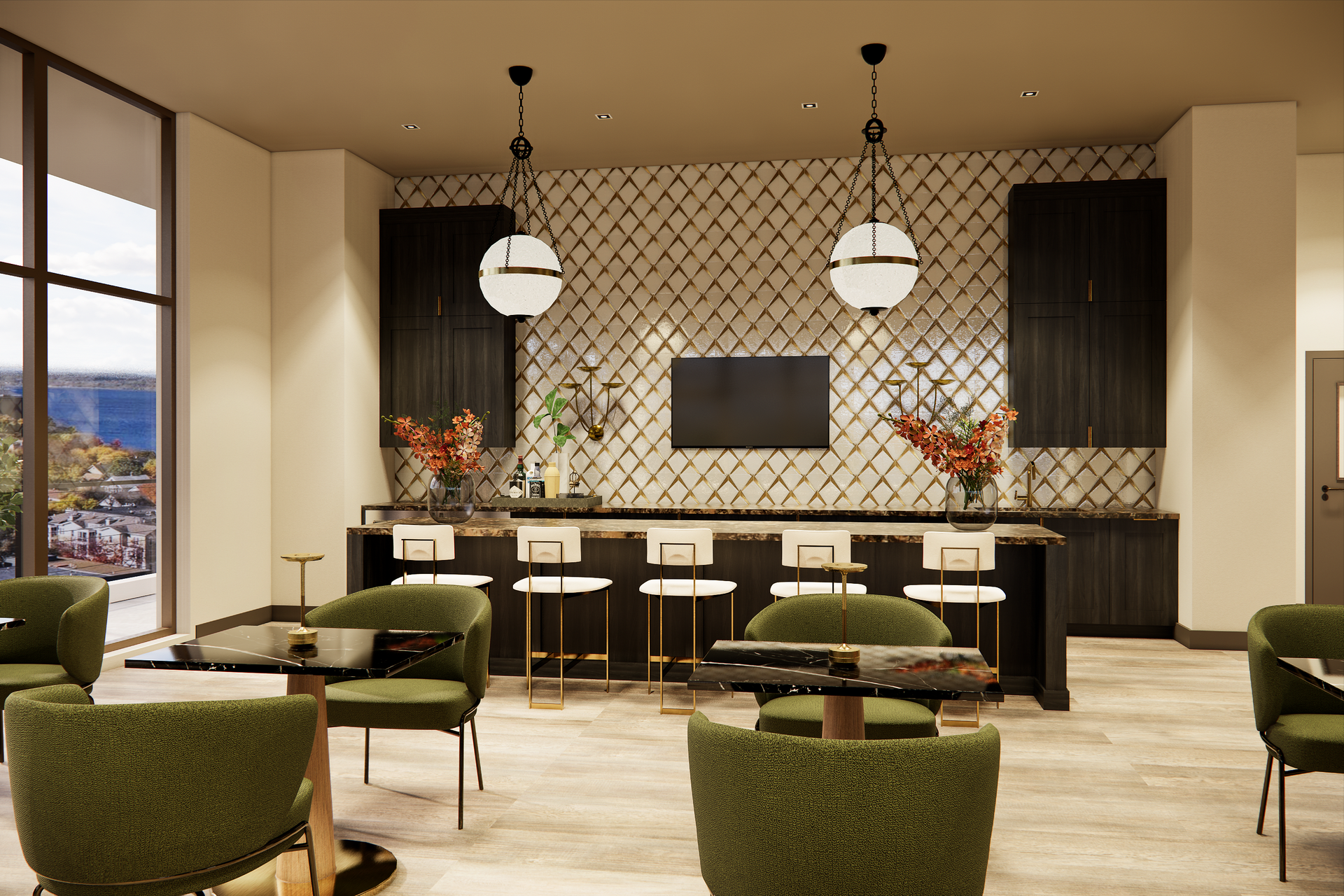 Lounge area with bar, chairs, and tables. Black cabinets, patterned wall, and globe lights. Green chairs.
