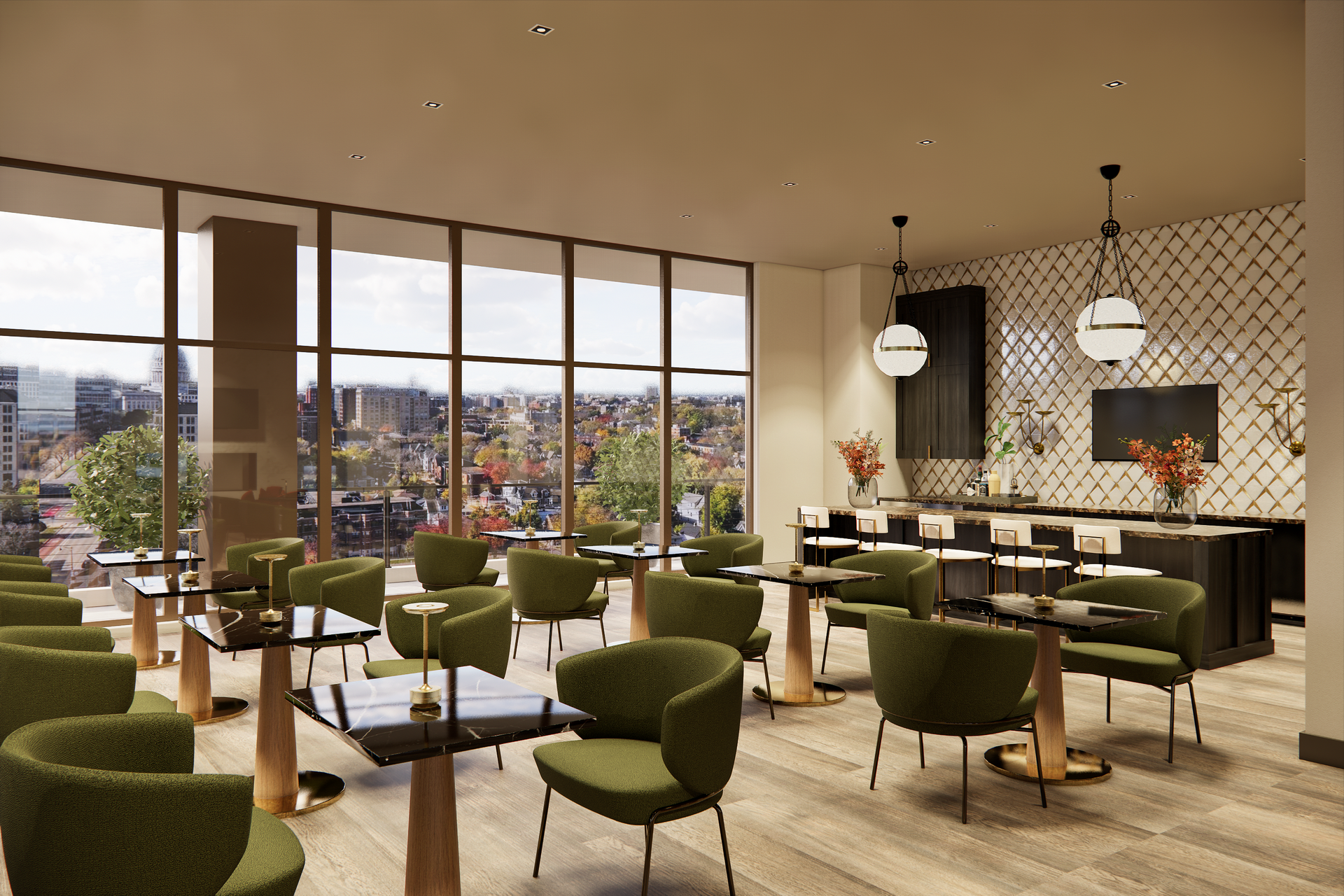 Lounge area with olive green chairs, small tables, and a bar. Large windows offer city views.