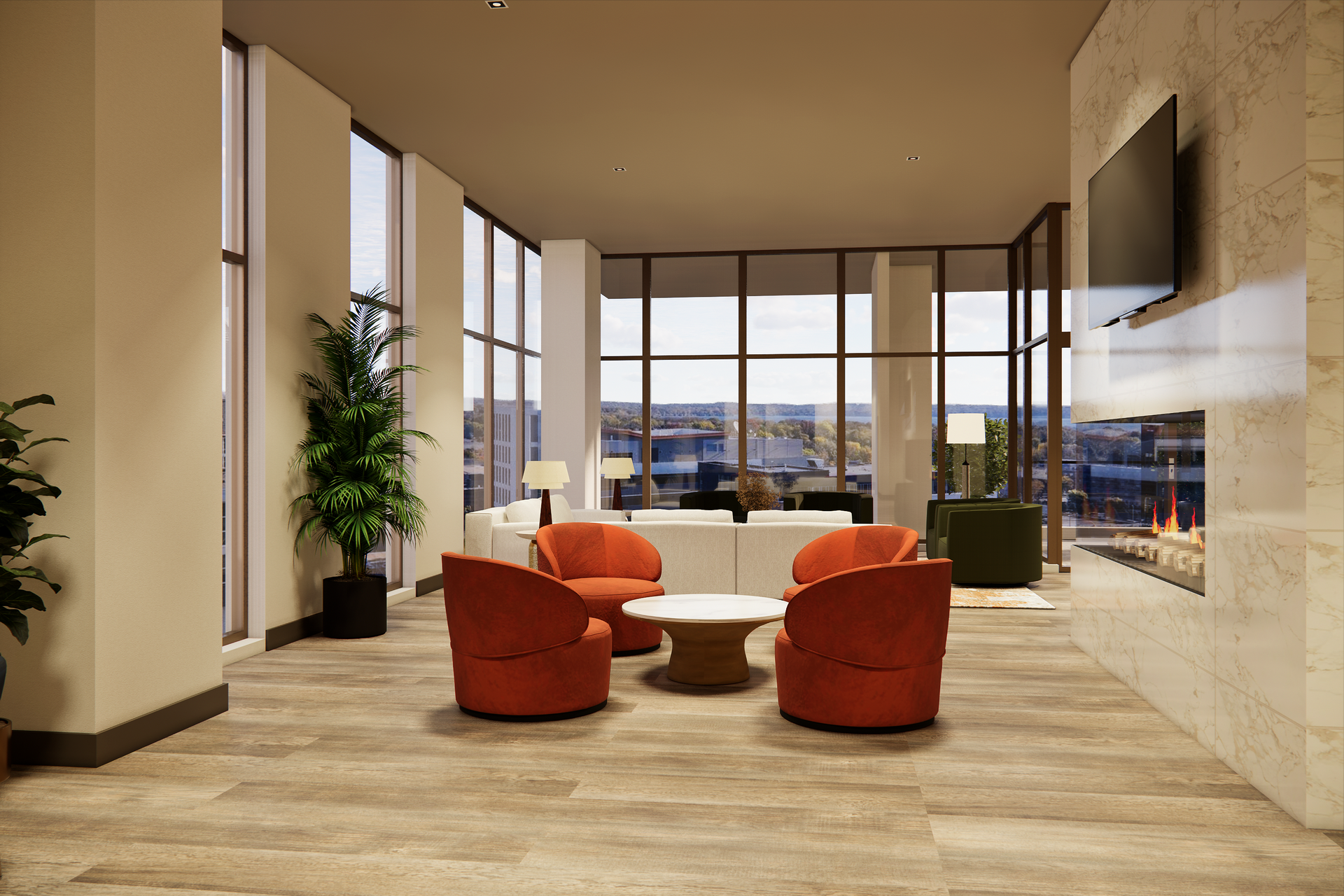 Lounge area with orange chairs, white sofa, fireplace, and large windows with a city view.