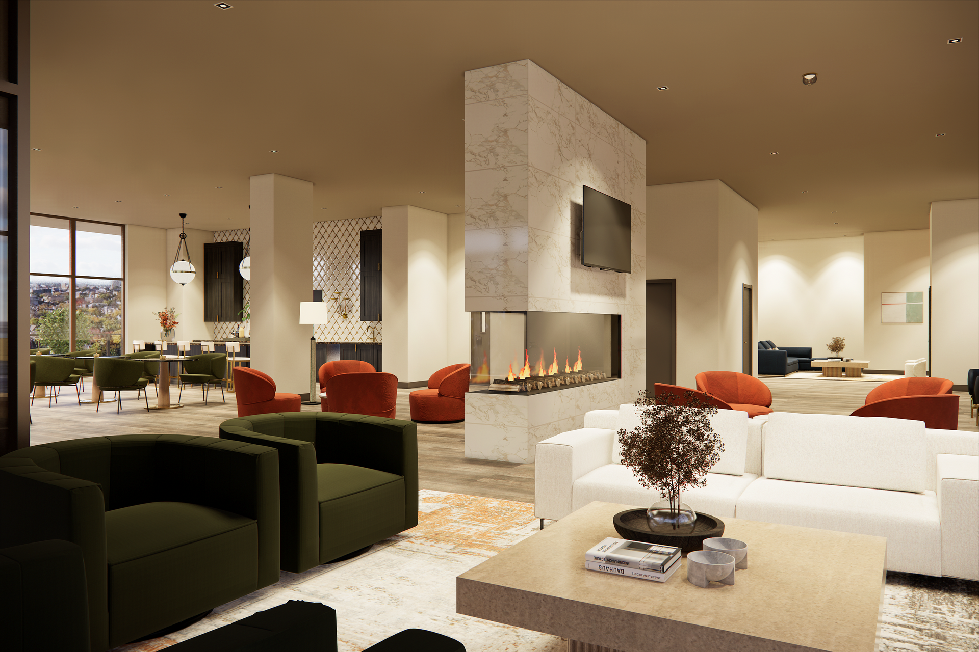 Modern lounge with white sofas, green armchairs, fireplace, and dining area.
