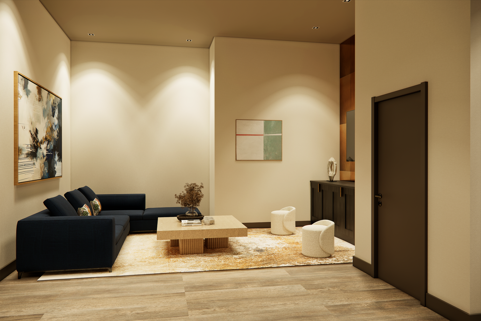 Modern living room with blue sectional, abstract art, and wooden coffee table.