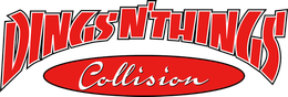 A red and white logo for dings n ' thinks collision