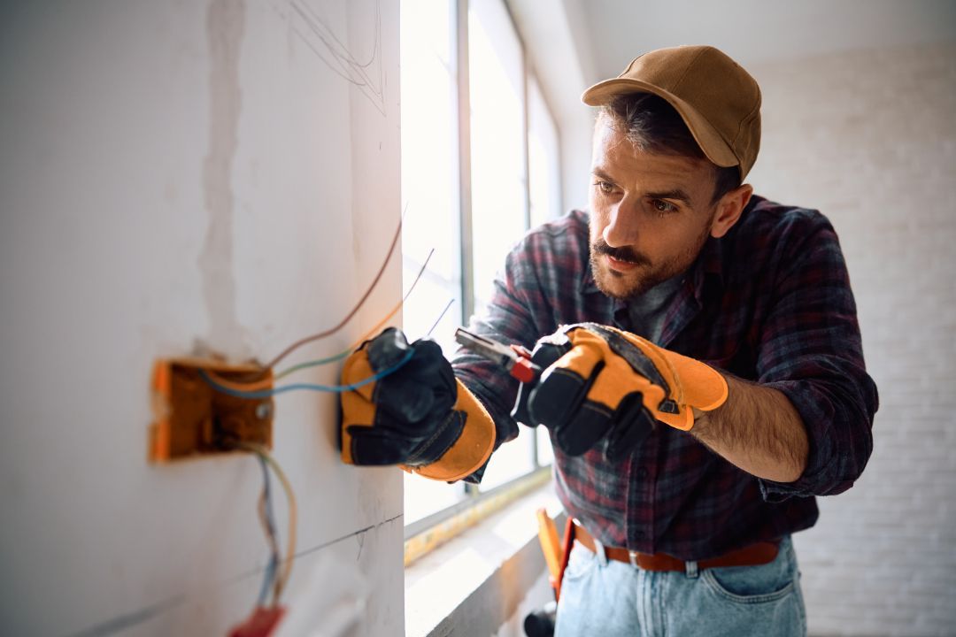 A man is working on an electrical outlet on a wall.