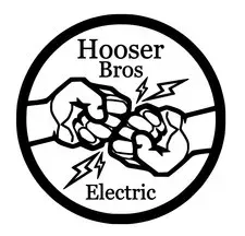 Hooser Bros Electric logo: two fists bumping with lightning bolts between them, inside a black circle.