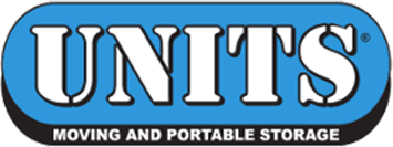 Logo for UNITS Moving and Portable Storage. Blue, white, and black colors. The word UNITS is centered, with text below.