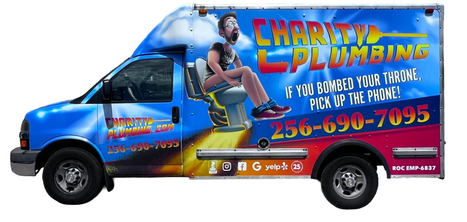Charity's Plumbing van with a person on a toilet, phone number, and tagline:
