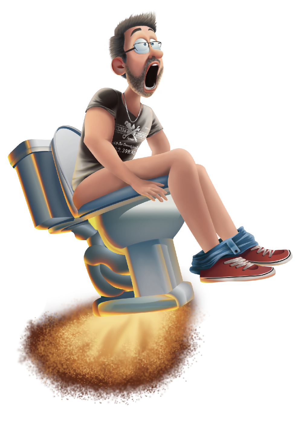 Man screaming, riding a toilet like a rocket, with flames and smoke.